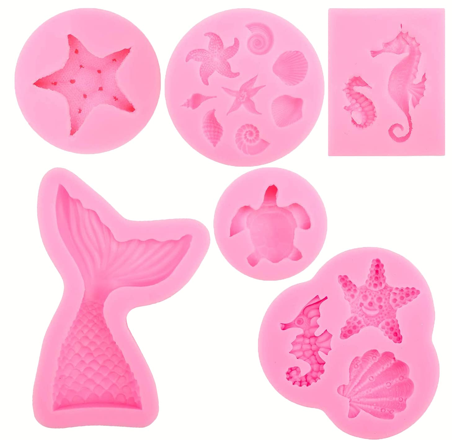 6Pcs Ocean Theme Silicone Molds Set - Mermaid Tail, Seahorse, Sea Turtle & Seashell for Fondant, Chocolate, Resin, Soap Making - Perfect for Birthday Parties, Cupcake Toppers & Cake Decorations (DIY Candy, Ice Cube, Gum Clay, Biscuit Crafts)