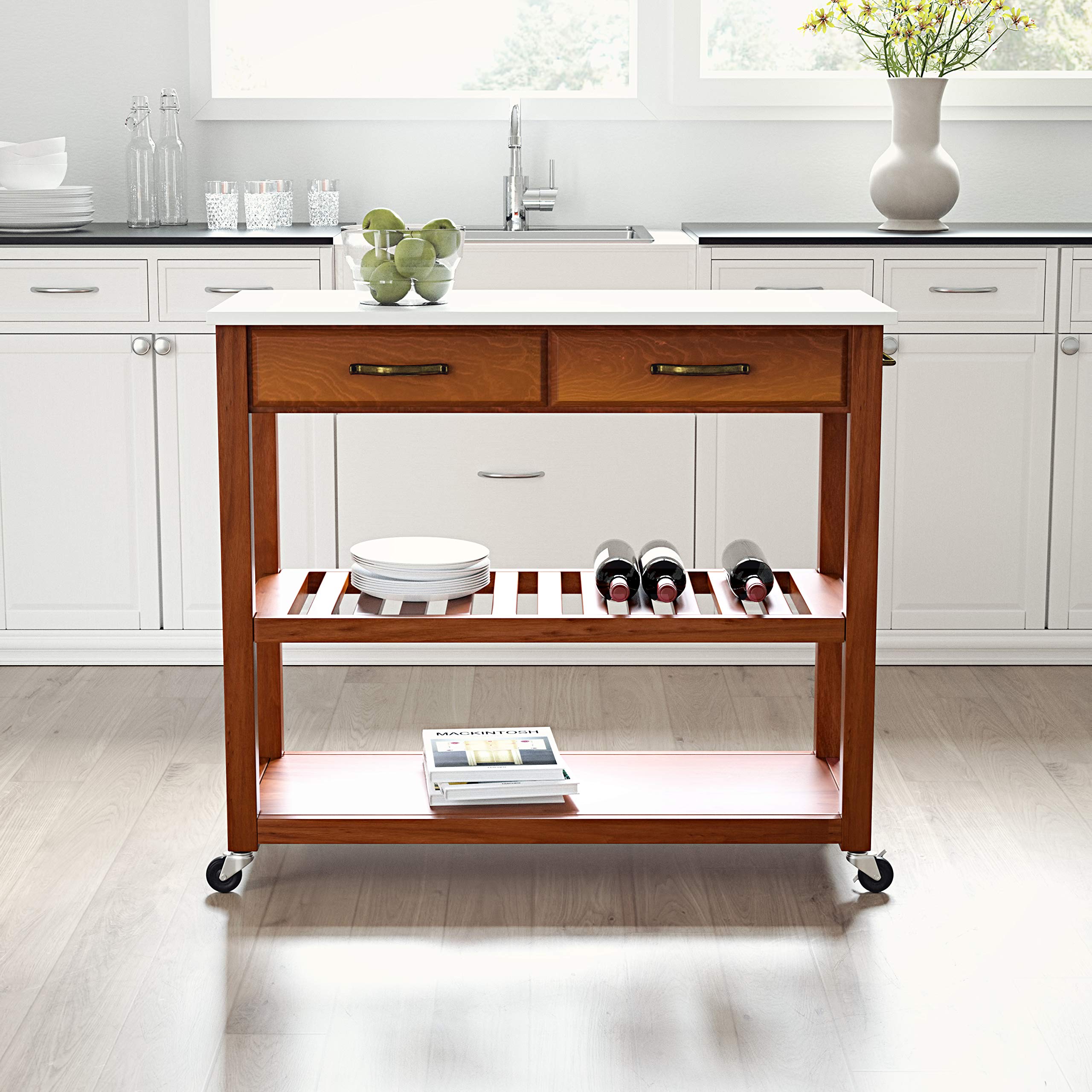 Crosley Furniture Cherry Wood Kitchen Prep Rolling Cart with Stone Top - Microwave Stand, Coffee Bar Station, Storage Shelves - Perfect for Small Kitchens, Apartments & Dorm Rooms