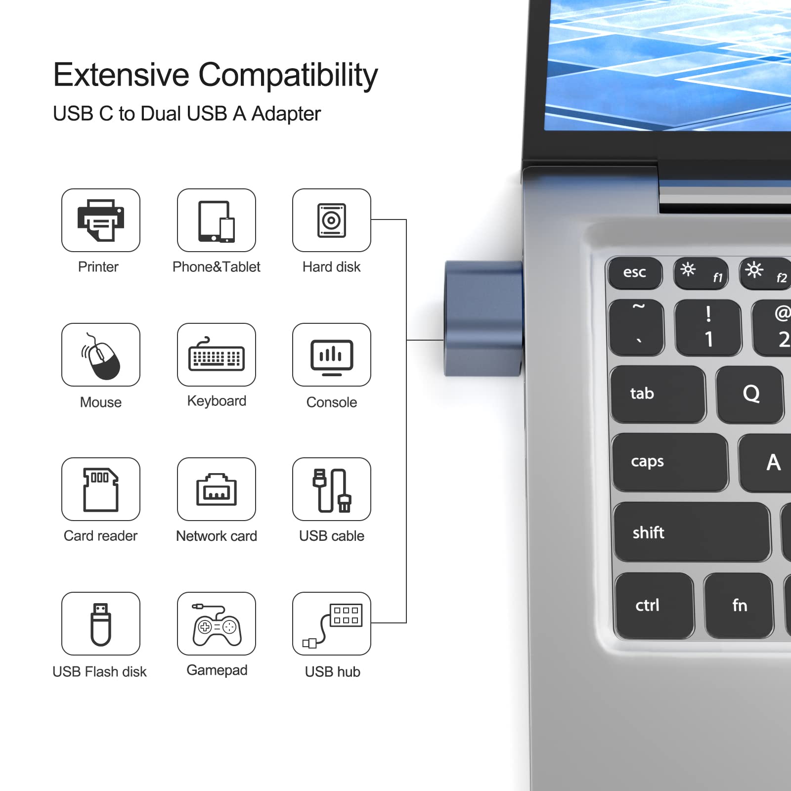 USB C to USB A OTG Adapter (1 Pack) - USB C Male to Dual USB 3.0/2.0 Female Converter - Compatible with MacBook Pro, Galaxy Phones & Type C Devices - Perfect for Data Transfer, Charging & Connecting Peripherals