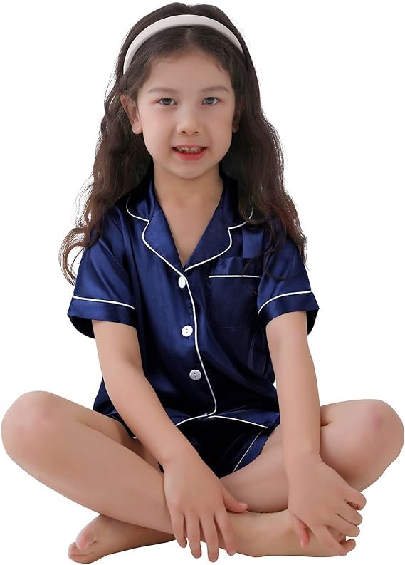 SWOMOG Kids Satin Pajama Sets for Girls & Boys - Soft Button-Down Silk Pjs, Short Sleeve 2-Piece Nightwear & Lounge Outfit - Perfect for Sleepovers, Bedtime & Relaxing at Home