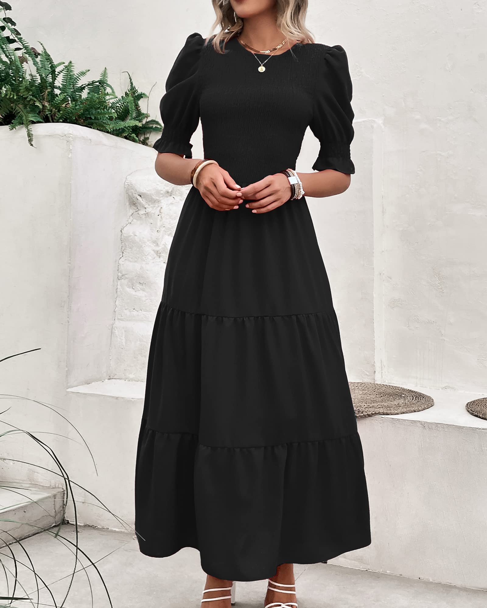 BTFBM Women's Floral Print Boho Maxi Dress - Crew Neck, Ruffle Short Sleeve, Smocked Waist, Flowy Summer Dress for Beach, Vacation & Casual Wear 2025