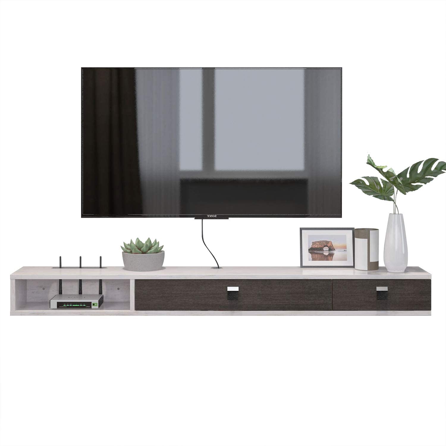 Floating TV Stand for 55-60 Inch TVs - Wall Mounted Media Console with 2 Doors, Greyish-White - Perfect for Living Room, Bedroom & Home Theater Entertainment Centers