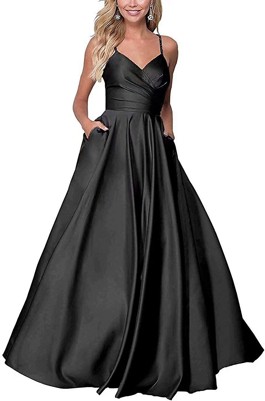 Elegant Long Prom Dress Satin V-Neck A-Line Evening Gown with Pockets and Adjustable Straps - Perfect for Homecoming, Formal Events & Special Occasions