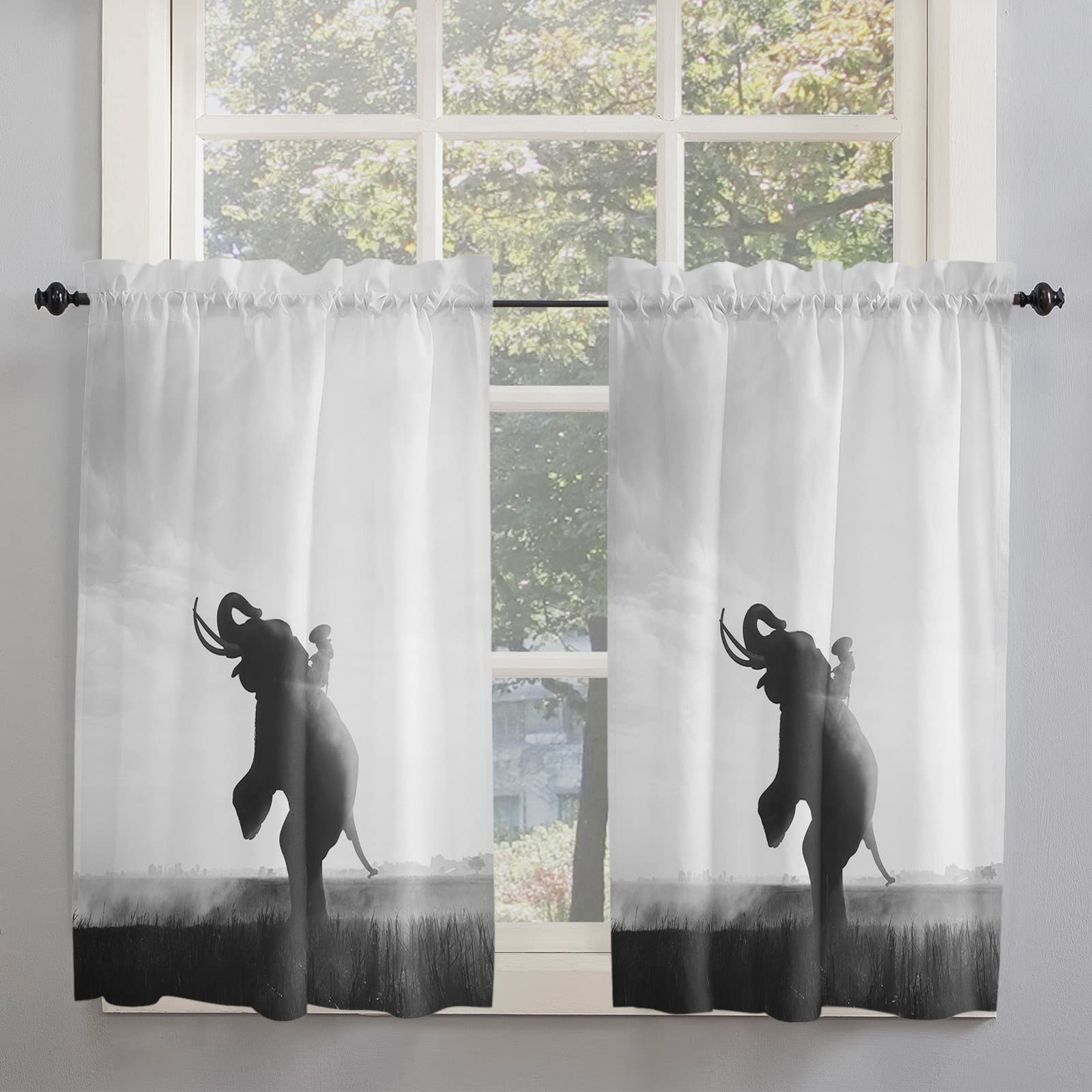 Seven Roses Sunset Elephant Silhouette Blackout Curtains 2 Panels - Grey & Black Farmhouse Style Window Drapes 104x54 inches for Living Room, Bedroom, Bathroom & Kitchen - Perfect for Privacy, Light Control & Home Decor