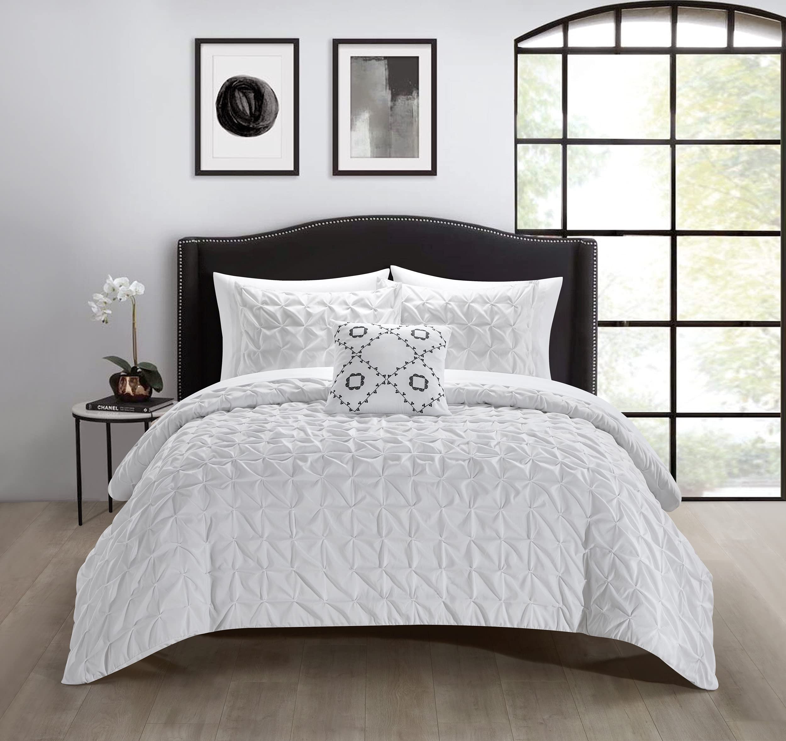 Chic Home Mercer 8-Piece Queen Comforter Set with Pinch Pleat Box Design - Includes Sheet Set & Decorative Pillow Shams, White | Perfect for Master Bedroom, Guest Room & Luxury Hotel Decor