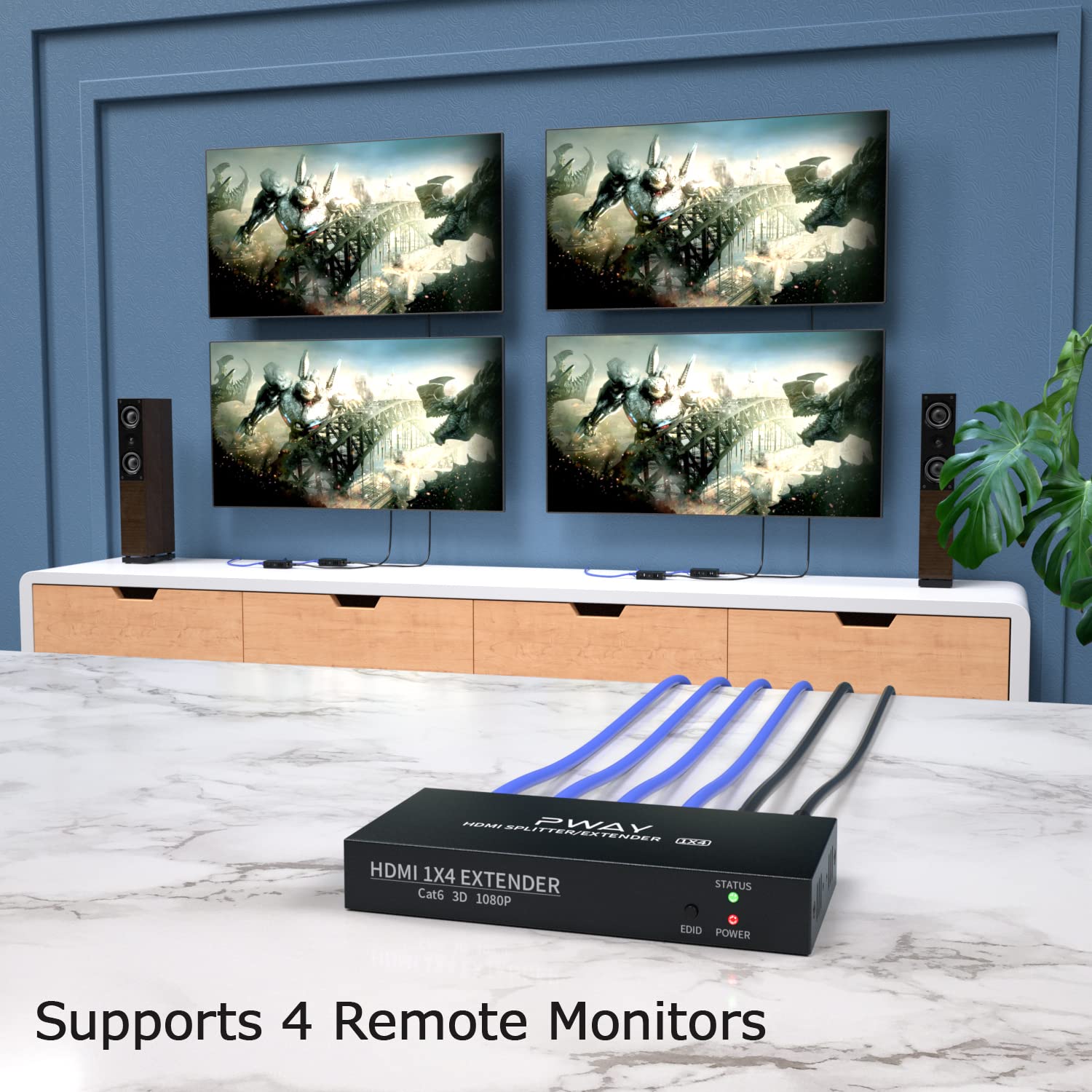 Premium 1x4 HDMI Splitter Extender Over Cat5e/Cat6 - 1080P@60Hz, 50m/165ft Range, Zero Latency (1 Input 4 Output) - Ideal for Home Theater, Conference Rooms & Multi-Screen Gaming Setups