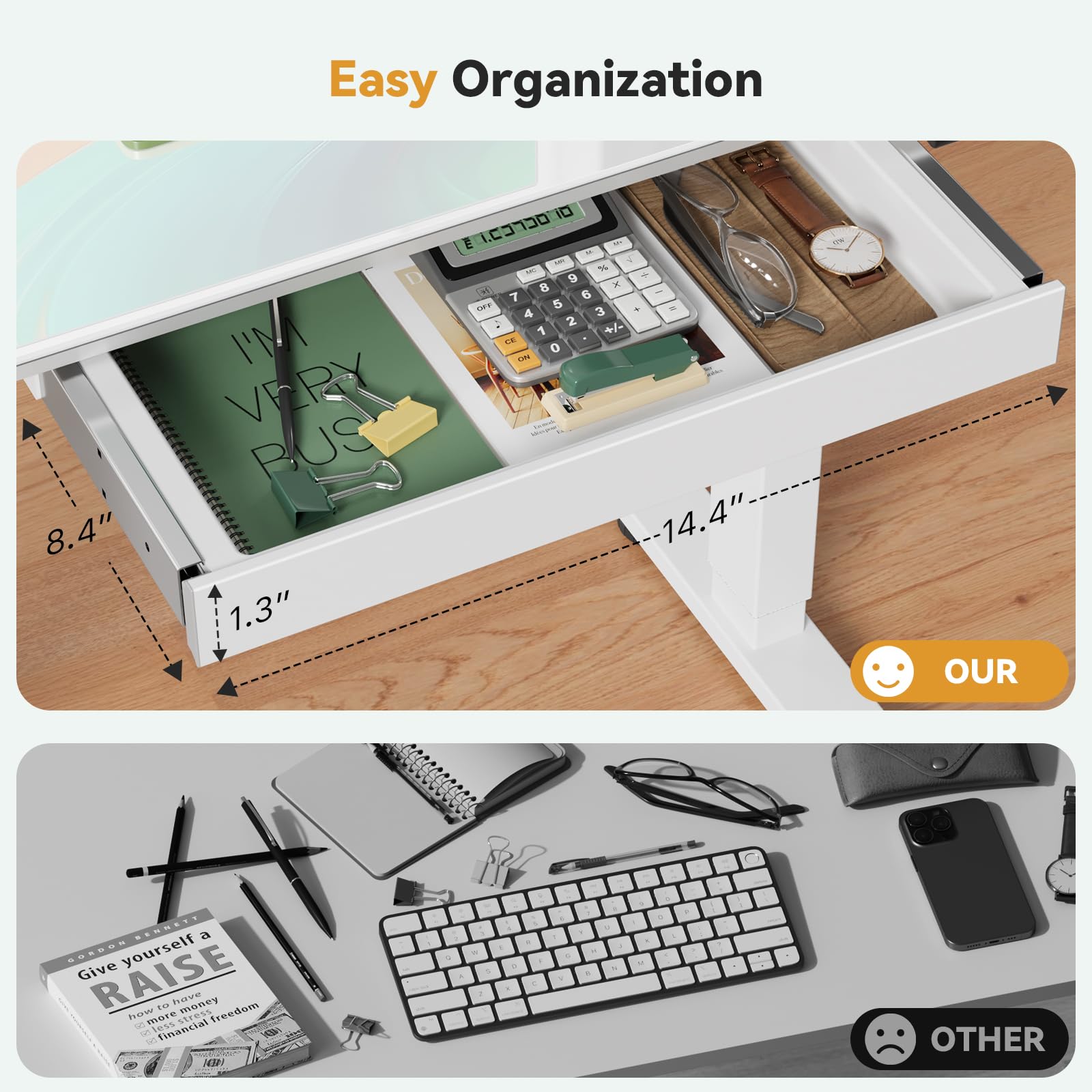 Adjustable Height Glass Standing Desk with Drawer - 35x20 Inch Electric Sit Stand Computer Desk with Wheels, White | Perfect for Home Office, Small Spaces & Ergonomic Workspaces