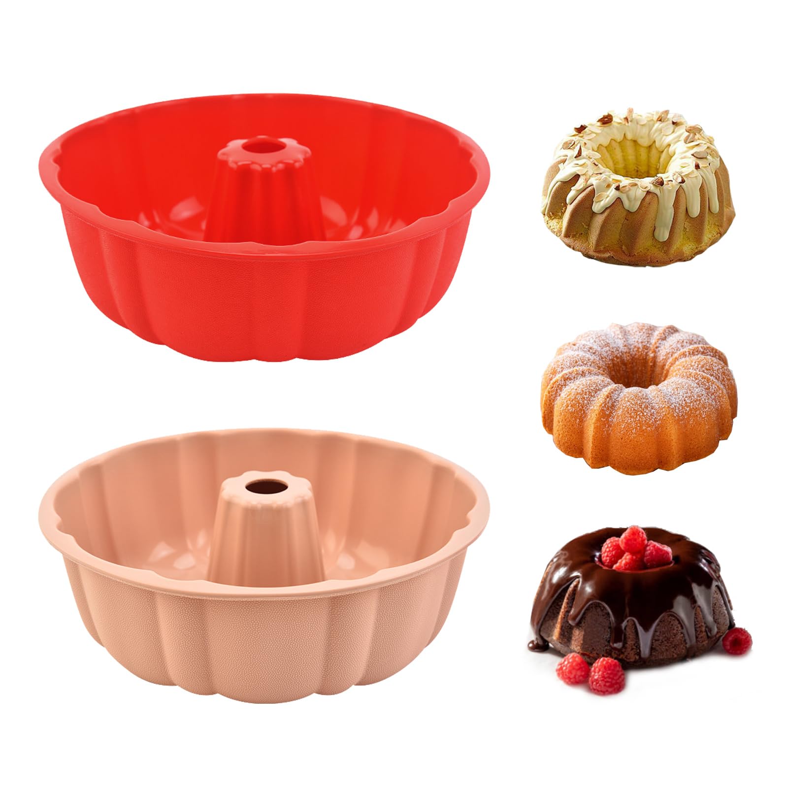 2 Pack Nonstick Silicone Bundt Cake Pan Set - 10 Inch Pound Cake Mold for Baking Cakes, Brownies, Bread, Jello & Gelatin (Red + Pink) - Perfect for Home Baking, Parties & Holiday Desserts