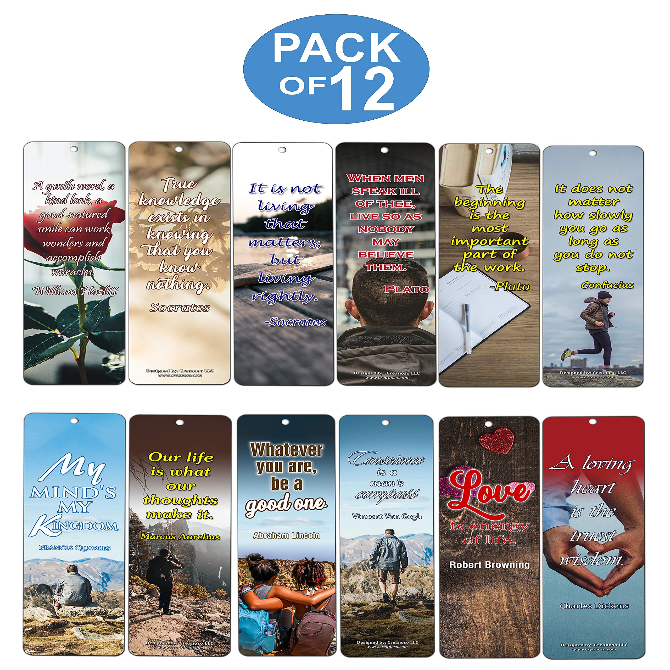 Creanoso Inspirational Quote Bookmarks Set (12-Pack) - Premium Motivational Bookmark Gift for Readers & Book Lovers - 6 Beautiful Designs - Perfect for Reading, Gifts, Book Clubs & Study Sessions