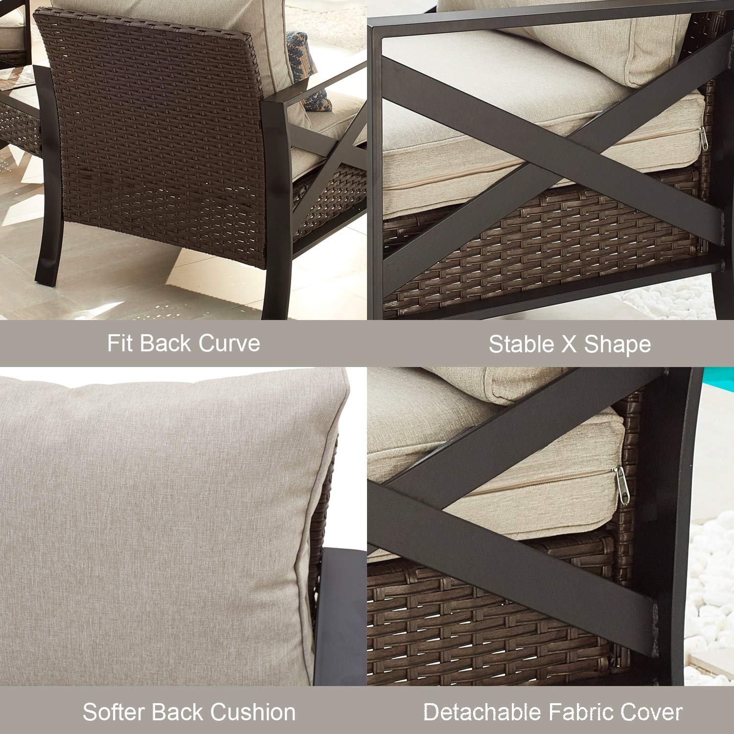 PatioFestival 3-Piece Wicker Rattan Bistro Set - Outdoor Steel Frame Conversation Furniture with 2 Cushioned Chairs & Coffee Table - Perfect for Backyard, Garden, Poolside, Lawn or Patio Relaxation