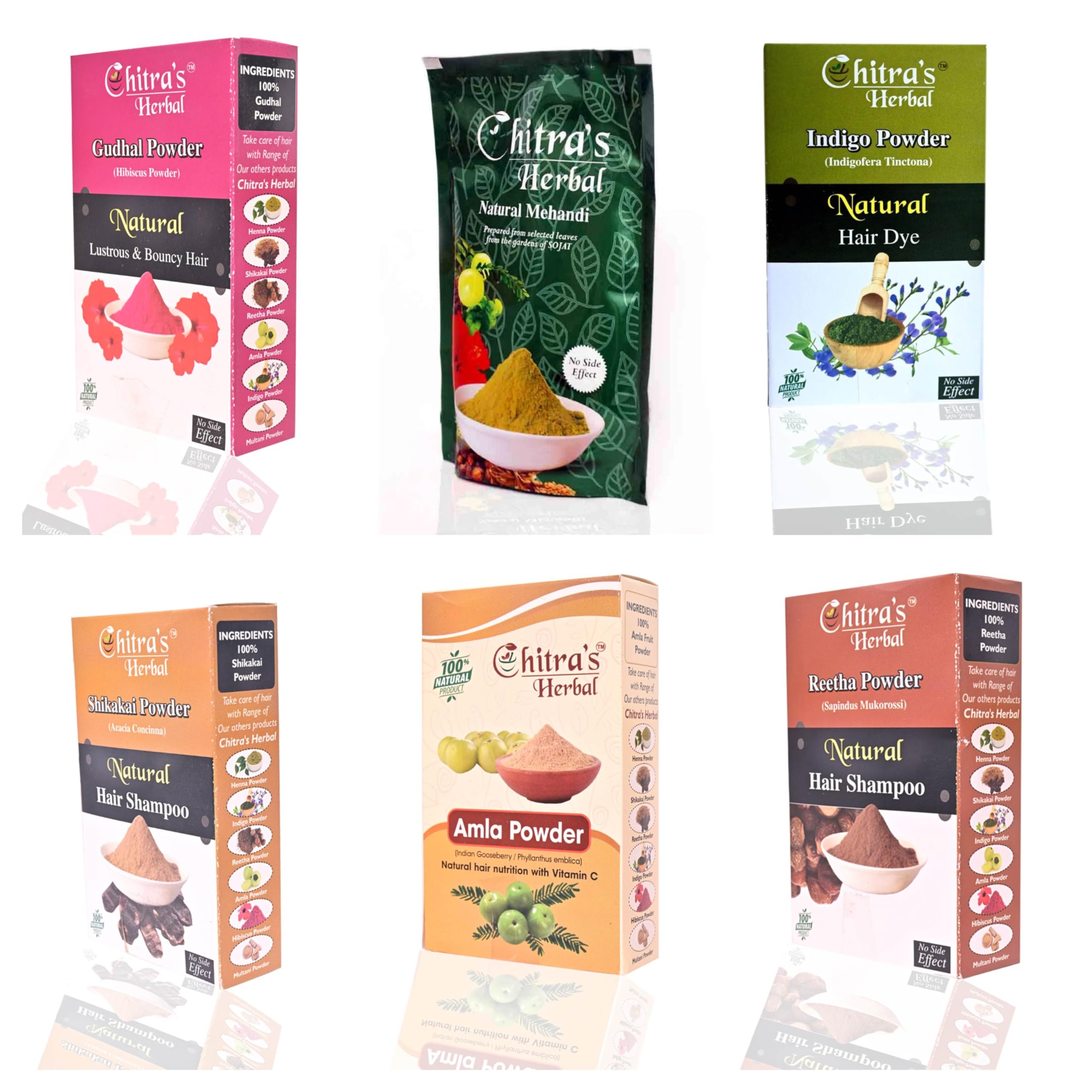 Natural Herbal Hair Care Combo Pack - Shikakai Powder, Indigo Hair Dye, Aritha & Amla Powder, Henna, Hibiscus Powder (100g Each) - 6-Pack for Hair Growth, Color & Shine - Perfect for DIY Hair Treatments & Ayurvedic Hair Care Routines