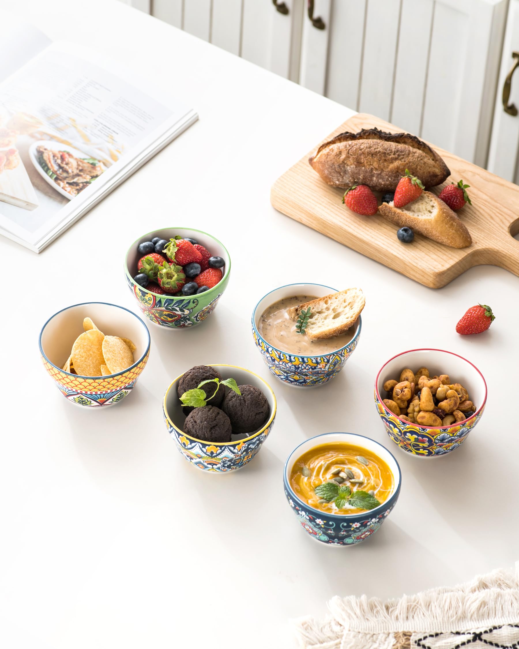 HENXFEN LEAD 8 Oz Porcelain Bouillon Cups Set of 6 - Microwave & Dishwasher Safe Soup Bowls for Dessert, Yogurt, Dips, Ice Cream - Bohemian Style Serving Bowls for Dining, Entertaining & Daily Use