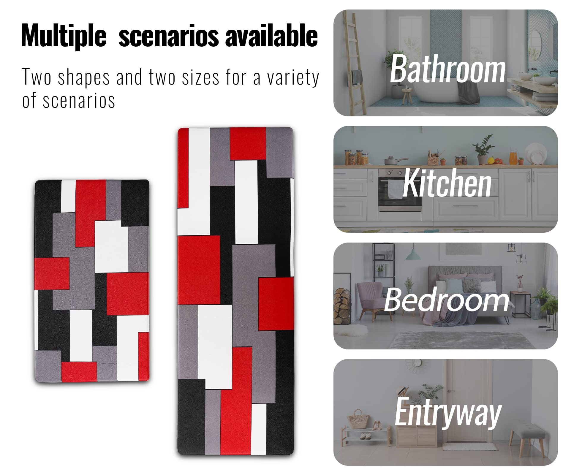 AILUER 2-Piece Red and Grey Abstract Geometric Kitchen Rugs Set - Non-Slip Waterproof Floor Mats for Kitchen, Office & Laundry (17.5