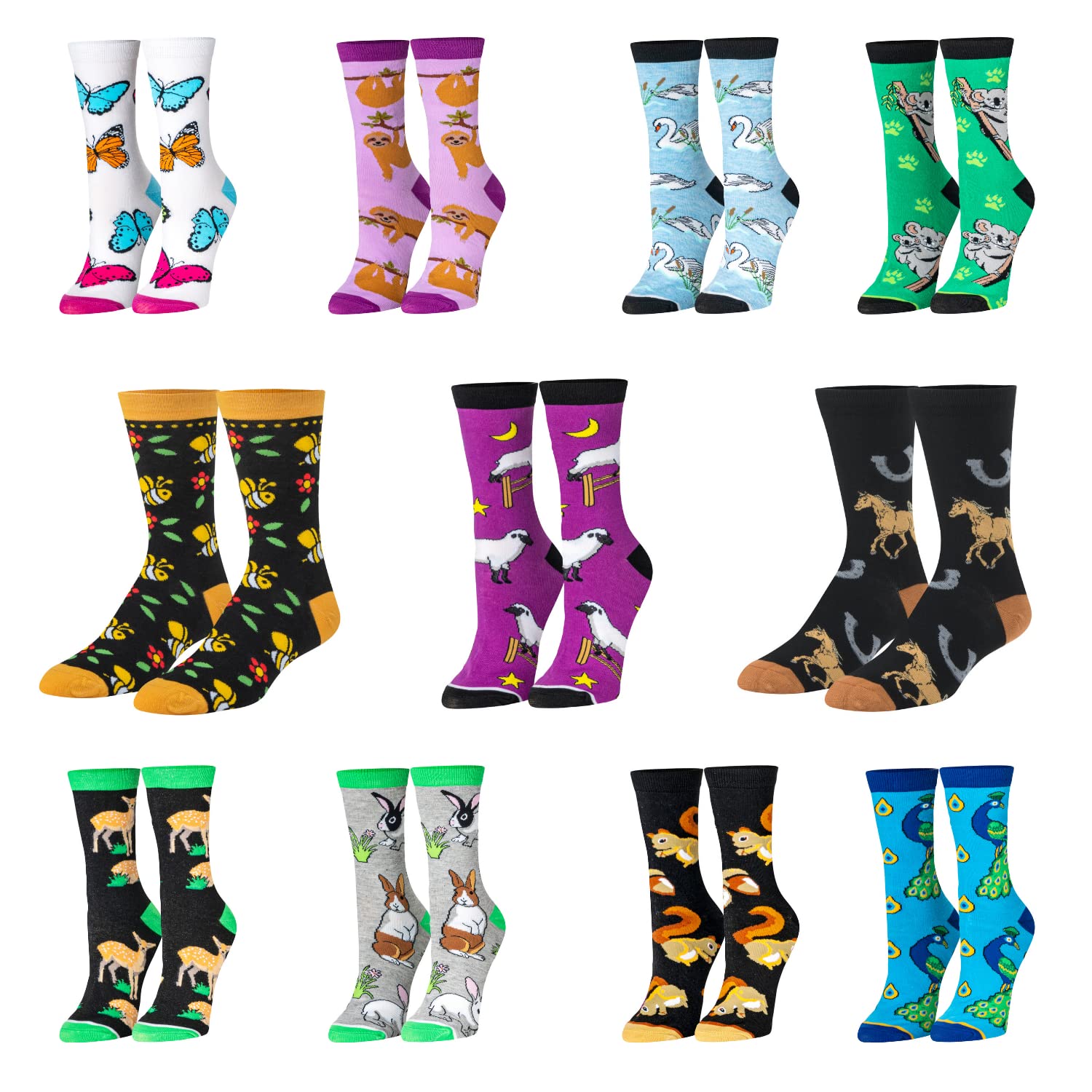 Fun & Colorful Women's Animal Crew Socks - Crazy Cute Print Socks for Women - Assorted Styles for Casual Wear, Gifts & Everyday Fashion
