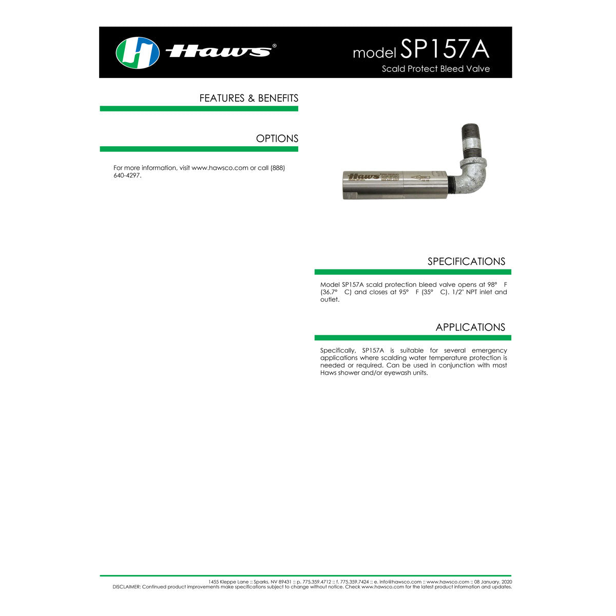 Haws SP157A Scald Protection Valve for Eyewash Showers - ANSI-Compliant Safety Valve with Temperature Control for Emergency Showers & Eye Wash Stations