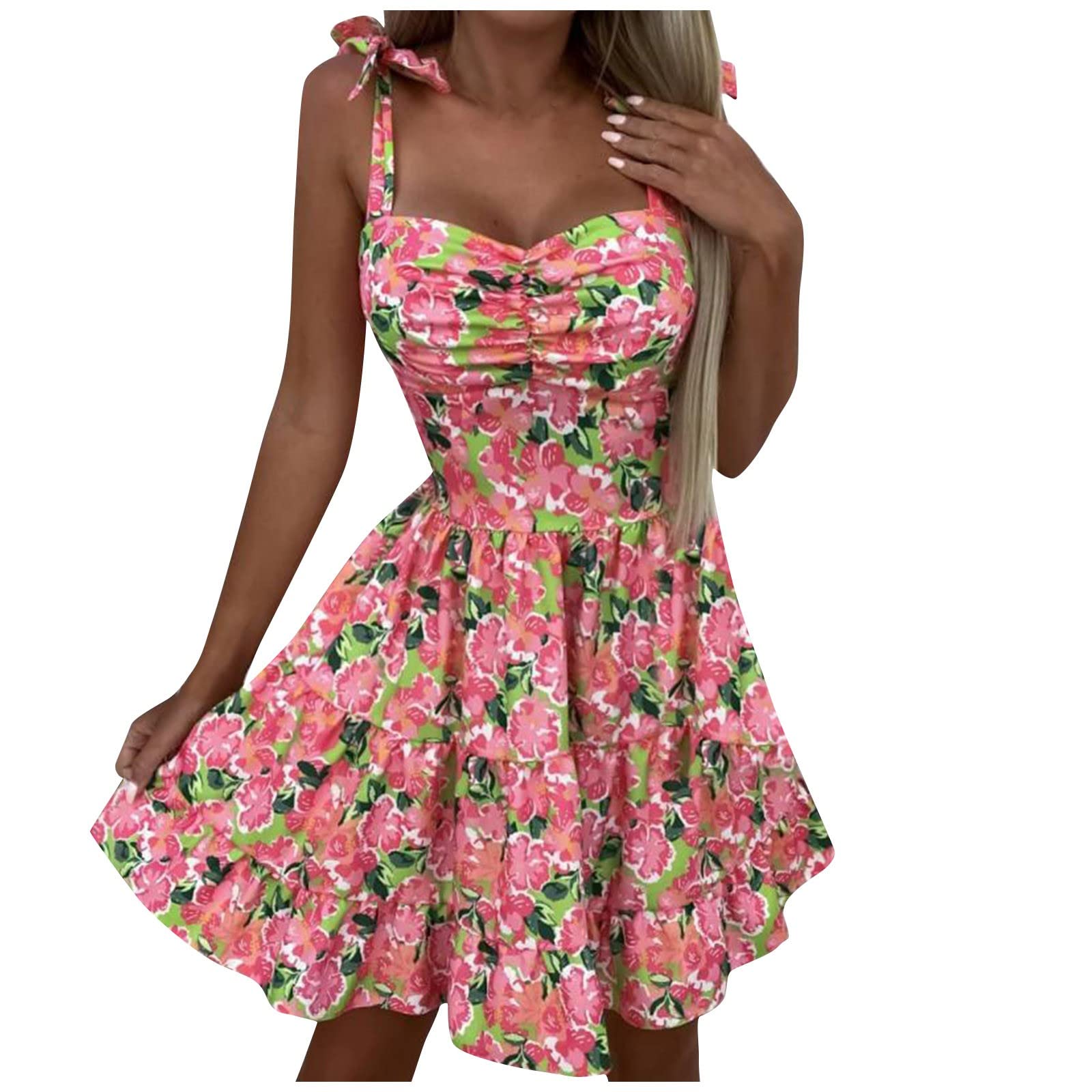 Women's Floral Print Sleeveless Slim Fit Mini Dress - Summer Waist Sling Sun Dress for Beach, Vacation & Casual Outings