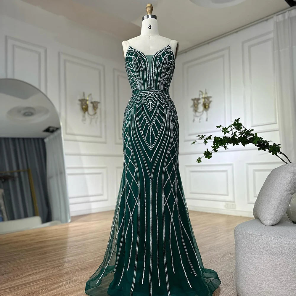 Luxury Dubai & Saudi Green Mermaid Evening Gown with Beaded Cape Sleeves - Arabic Formal Dress for Weddings, Galas & Special Occasions LA72838