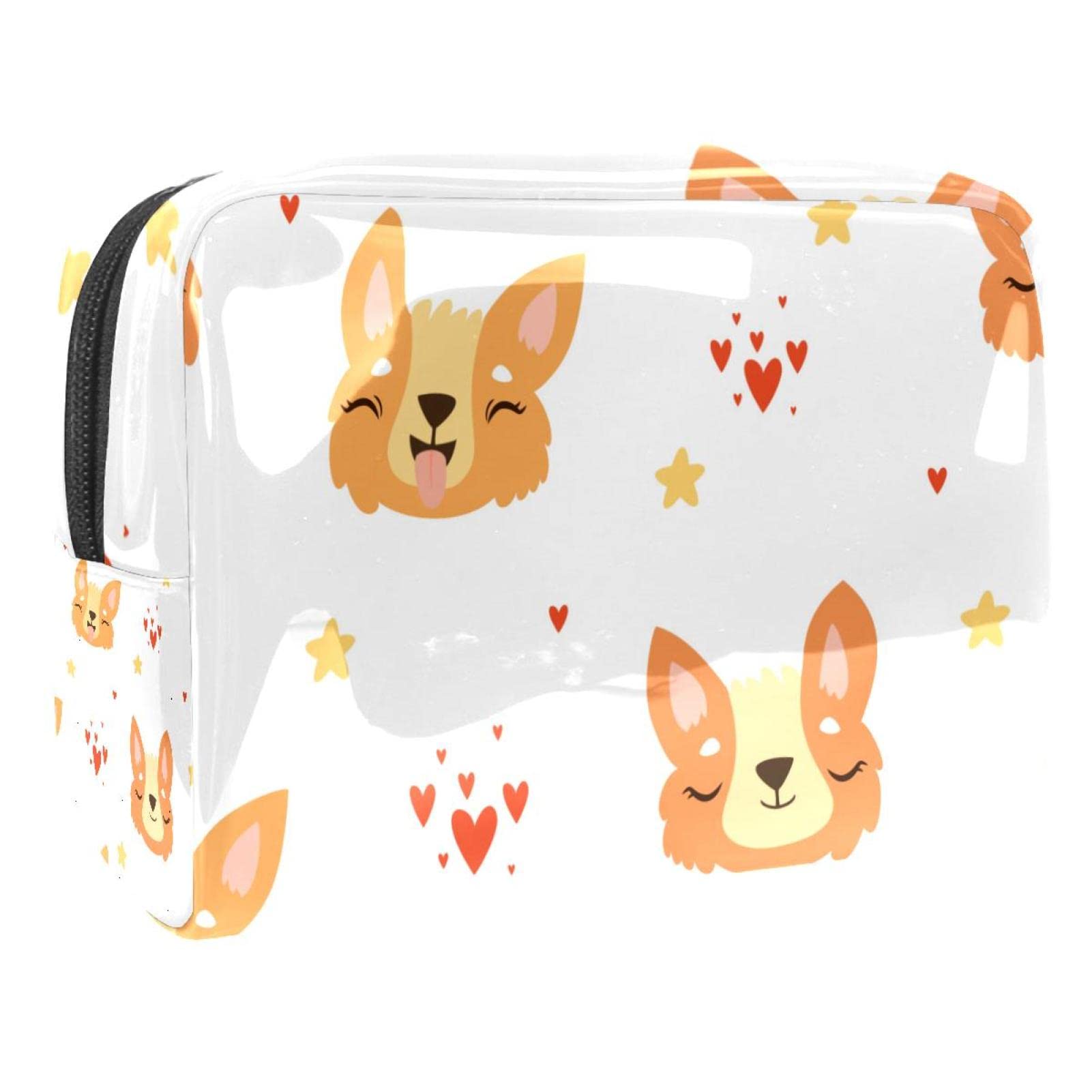 Corgi Face Seamless Travel Makeup Bag - Waterproof PVC Cosmetic Case for Professional Makeup Brushes & Organizer | Portable Cartoon Animal Design for Storage & Travel