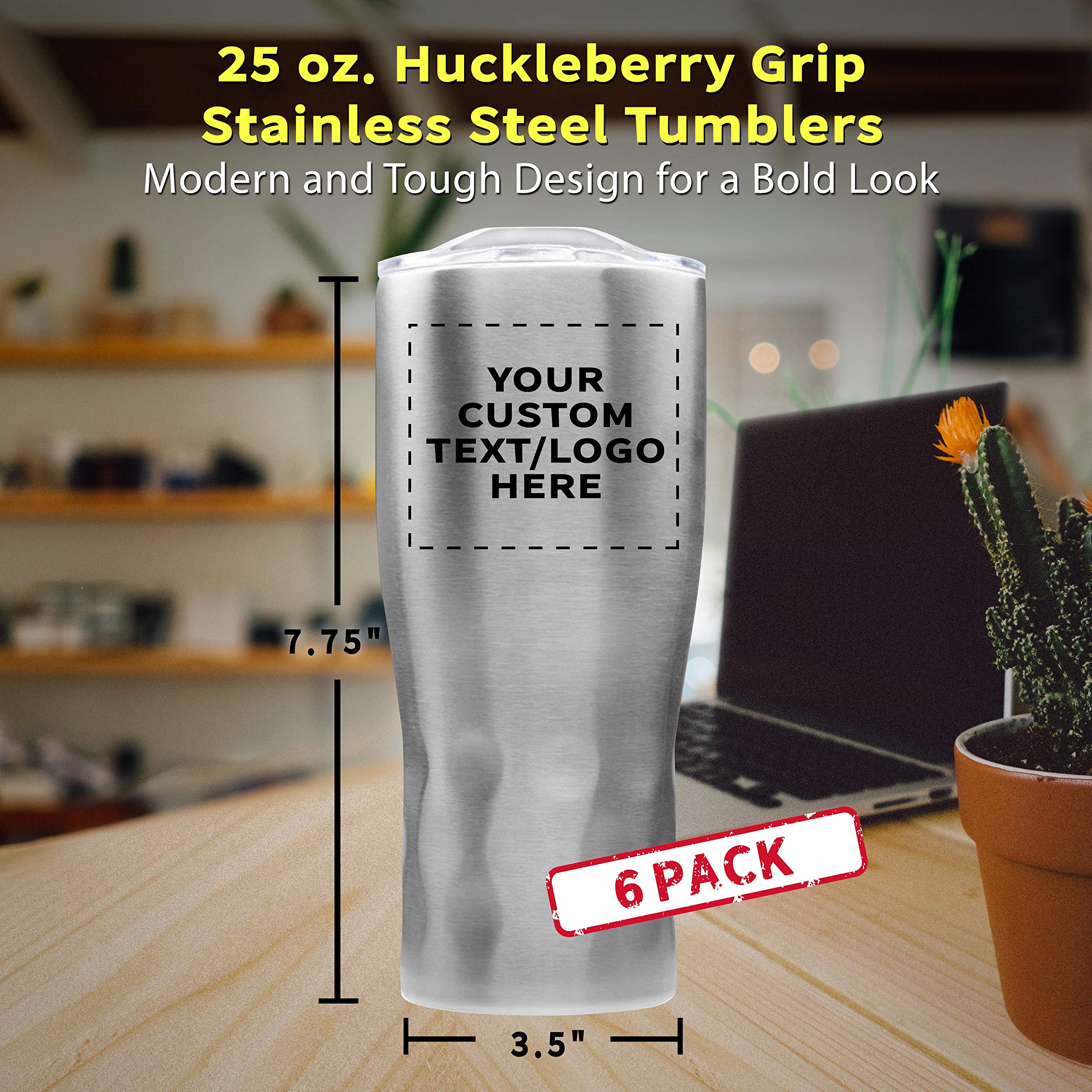 Personalized 25 oz Stainless Steel Tumbler with Huckleberry Grip - 6 Pack Custom Cups for Coffee, Tea & Cold Drinks - Engraved Text/Logo - Silver - Perfect for Office, Gym & Outdoor Activities