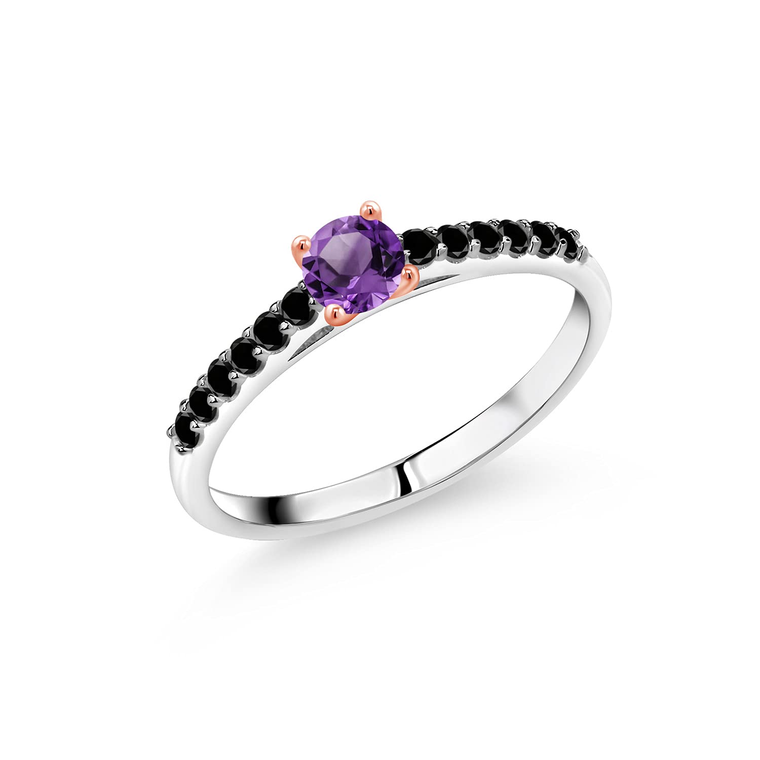 0.45 Ct Natural Purple Amethyst & Black Diamond Ring in 10K White Gold with Rose Gold Prongs - Elegant Jewelry for Women, Perfect for Weddings, Anniversaries & Special Occasions