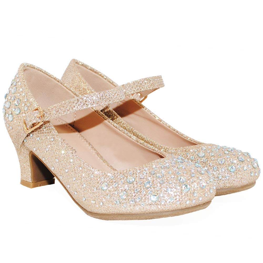 TRENDSUP Girls Sparkling Mary Jane Rhinestone Glitter Party Shoes - Low Heel Pumps for Weddings, Pageants & Special Occasions