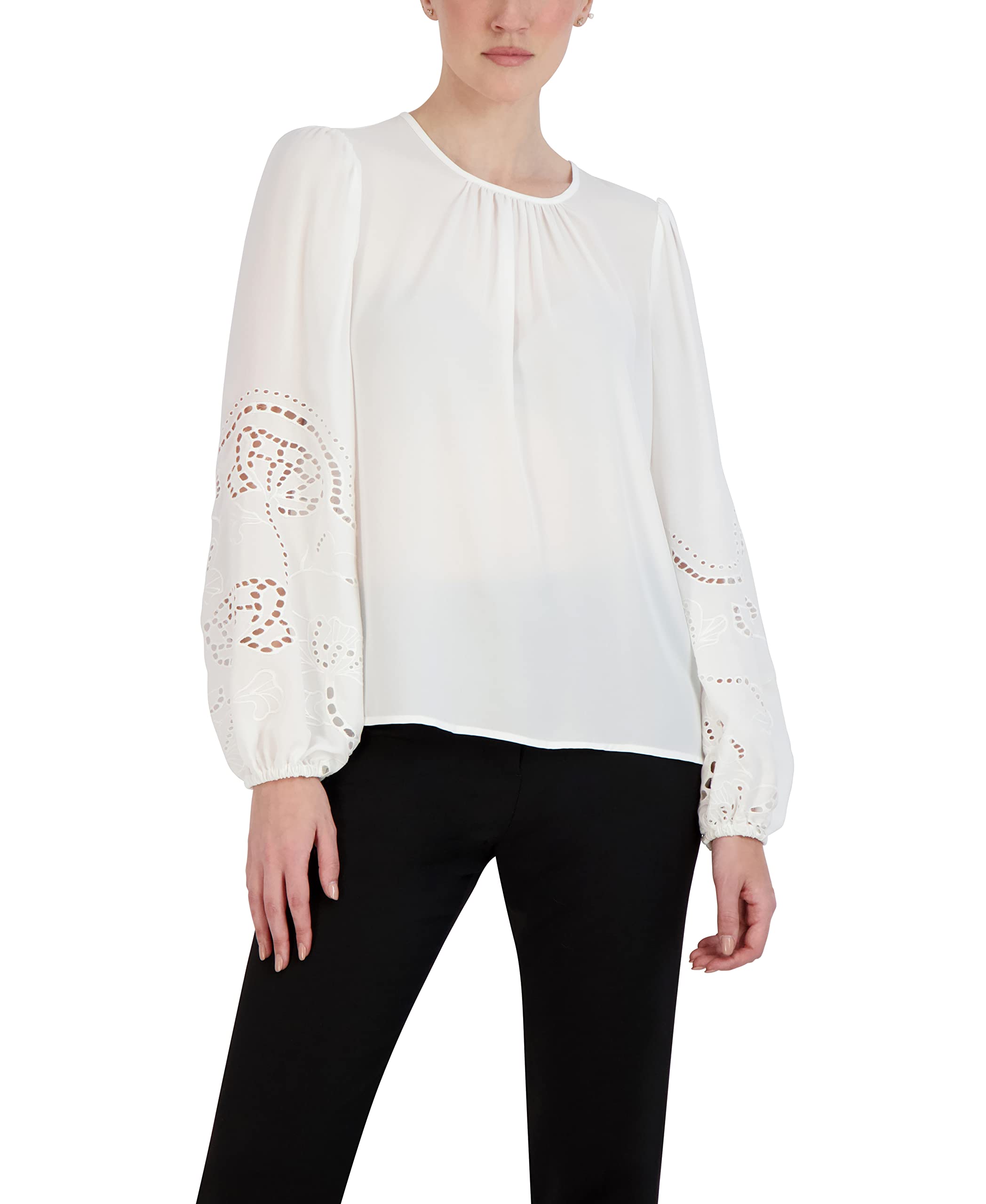 BCBGMAXAZRIA Women's Embroidered Keyhole Blouse Long Sleeve Top - Elegant Floral Design for Office, Party & Special Occasions
