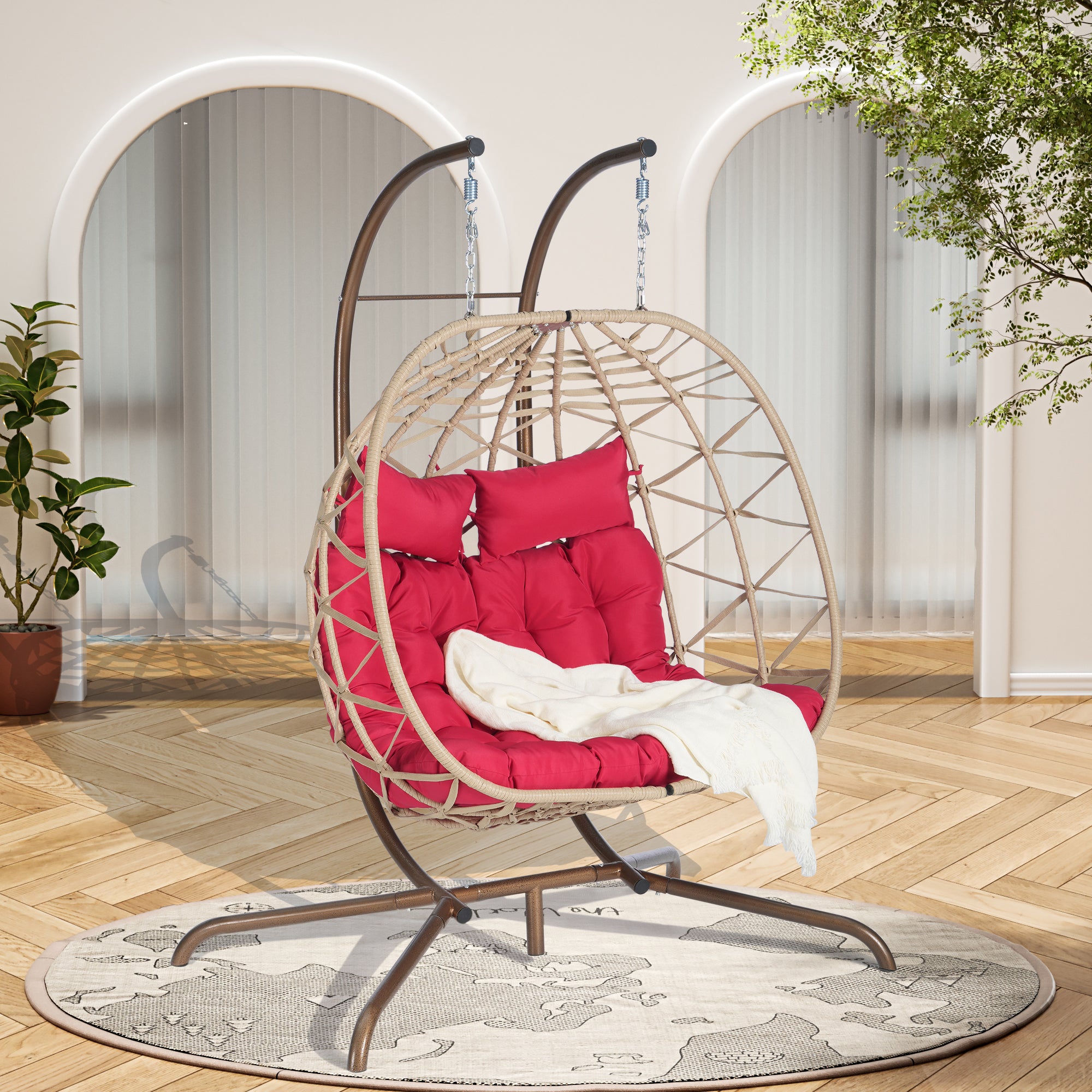 Double Egg Chair with Stand - Indoor/Outdoor Hanging Wicker Rattan Swing Chair with UV-Resistant Cushions (600 lbs Capacity) - Perfect for Bedroom, Balcony, Patio & Garden Relaxation