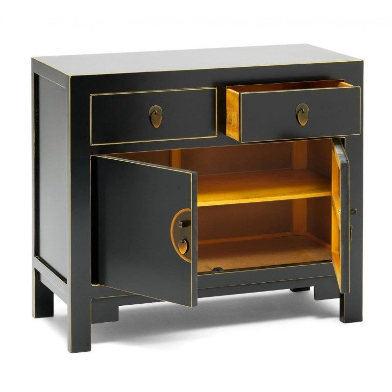 Golden Dragon Oriental Painted Solid Wood Black Small Sideboard 90x40x80cm - Elegant Asian-Inspired Console Table for Living Room, Entryway, or Dining Room Decor
