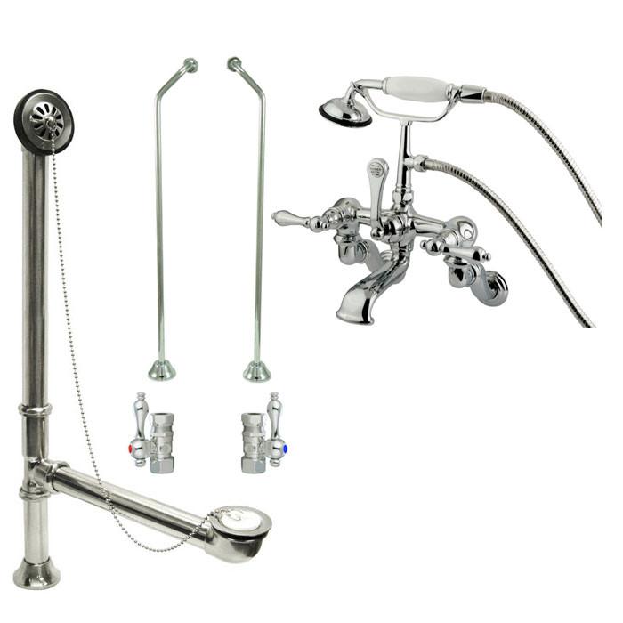 Chrome Wall Mount Clawfoot Tub Faucet with Hand Shower and Drain Stops - CC458T1 System | Vintage Bathroom Fixture for Classic & Modern Bathrooms