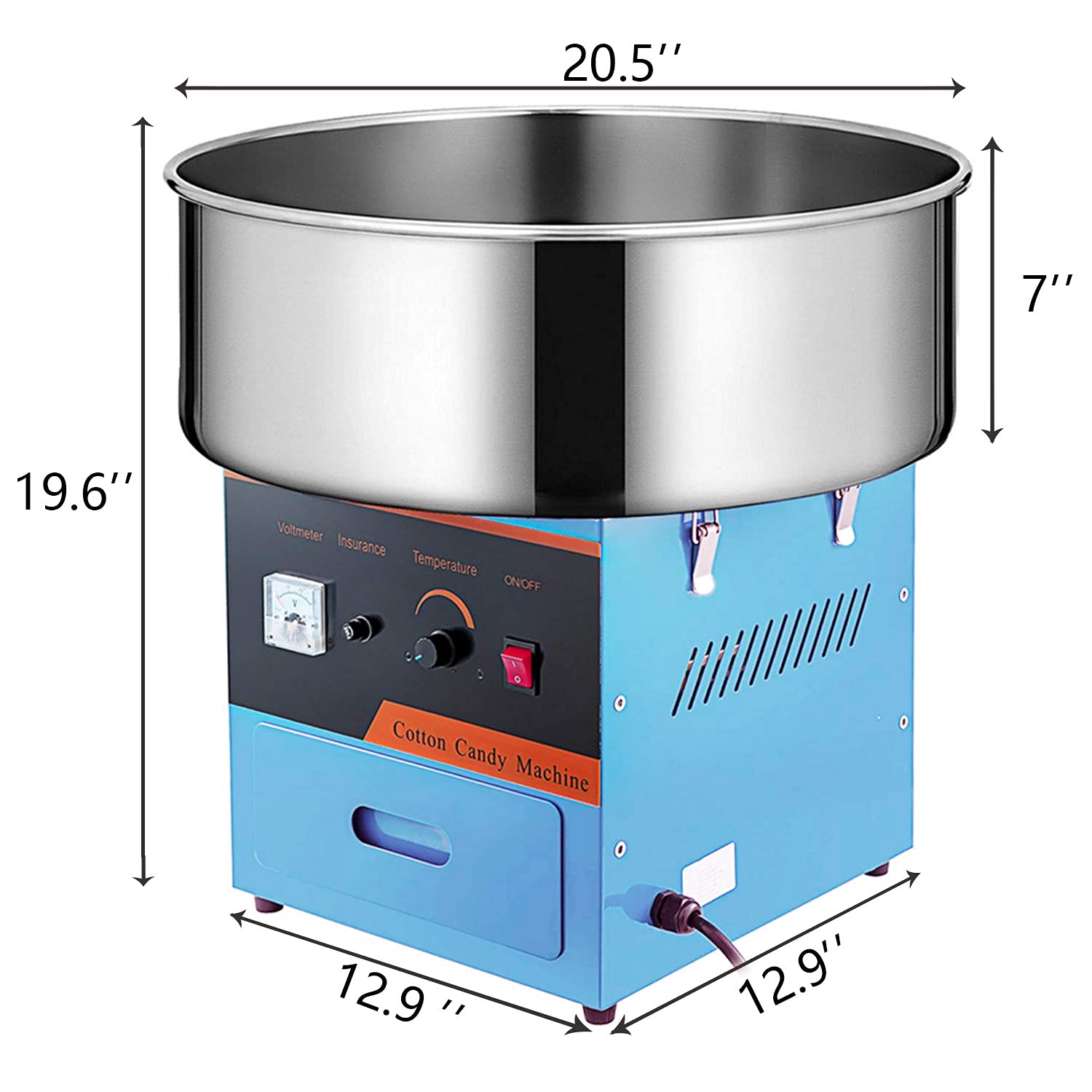 Commercial Cotton Candy Machine Electric Candy Floss Maker - 110V Blue Party Cotton Candy Maker for Birthdays, School Events, Carnivals & Fairs - Perfect for Concessions, Food Trucks & Home Parties (Blue, No Wheels)
