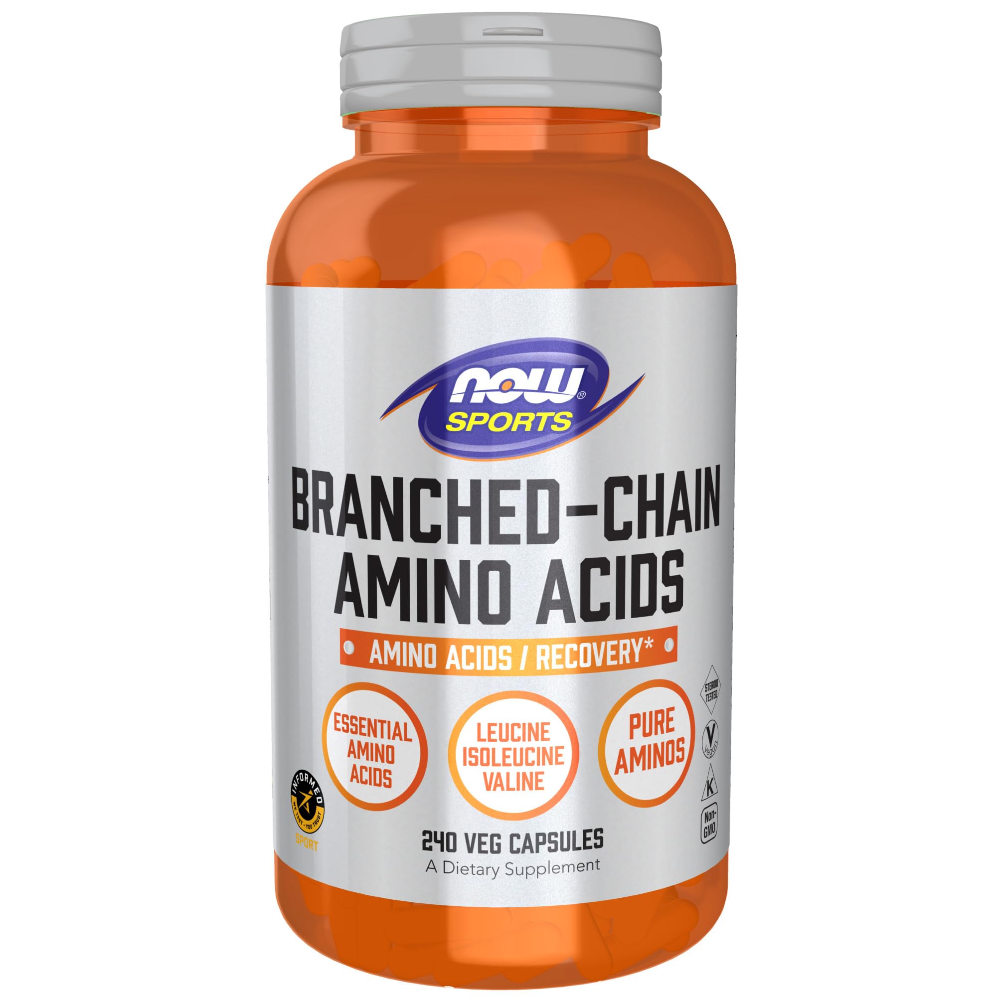 NOW Sports Nutrition Branched Chain Amino Acids (BCAAs) with Leucine, Isoleucine & Valine - 240 Vegan Capsules for Muscle Recovery & Workout Performance | Pre/Post Workout Supplement for Athletes & Fitness Enthusiasts
