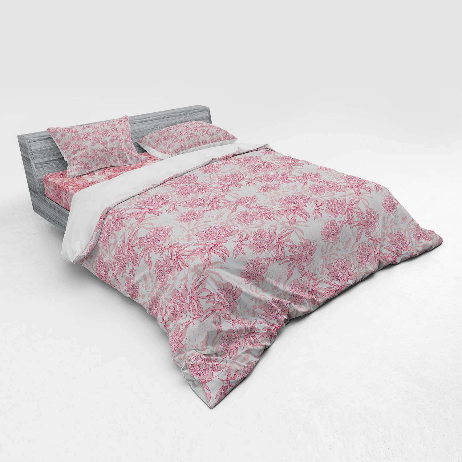 Ambesonne Rose Duvet Cover Set - King Size 4-Piece Bedding with Peony Foliage Hand-Drawn Illustration | Monochrome Spring Theme in Magenta, White & Rose | Perfect for Master Bedroom, Guest Room & Spring Home Decor