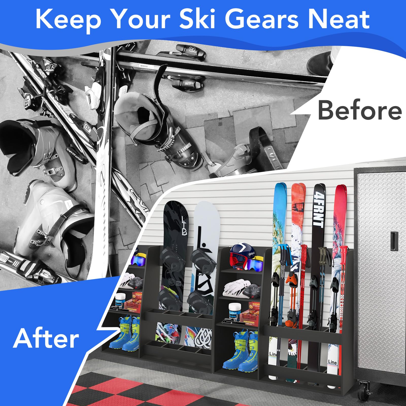 4-Pair Ski Storage Rack with Equipment Holder - Wall Mount Ski Organizer Stand for Skis, Poles & Accessories - Perfect for Garage, Basement, Shed - Indoor/Outdoor Use for All Level Skiers (Great Gift Idea)