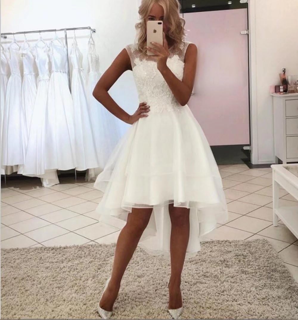 Elegant Short Beach Wedding Dress for Bride - High Low Lace Appliques Bridal Gown | Perfect for Destination Weddings & Beach Ceremonies
