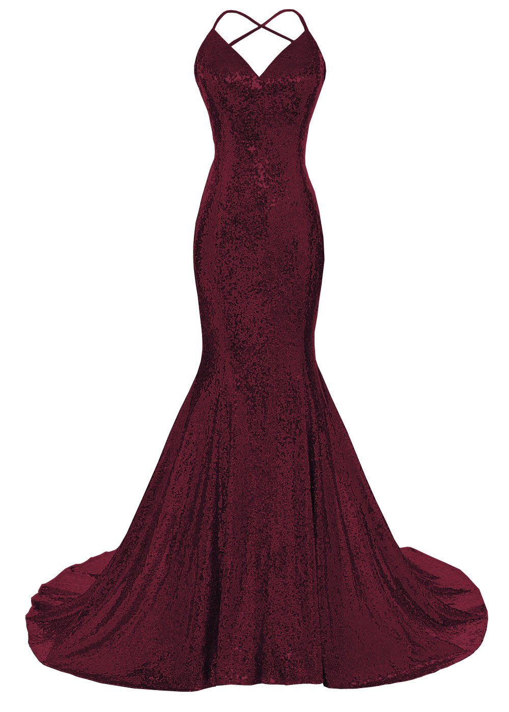 DYS Women's Sparkly Sequin Mermaid Prom Dress - V Neck Spaghetti Straps Backless Formal Gown for Evening Party, Homecoming, Pageant - Size US 18 Plus in Elegant Dark Wine Red