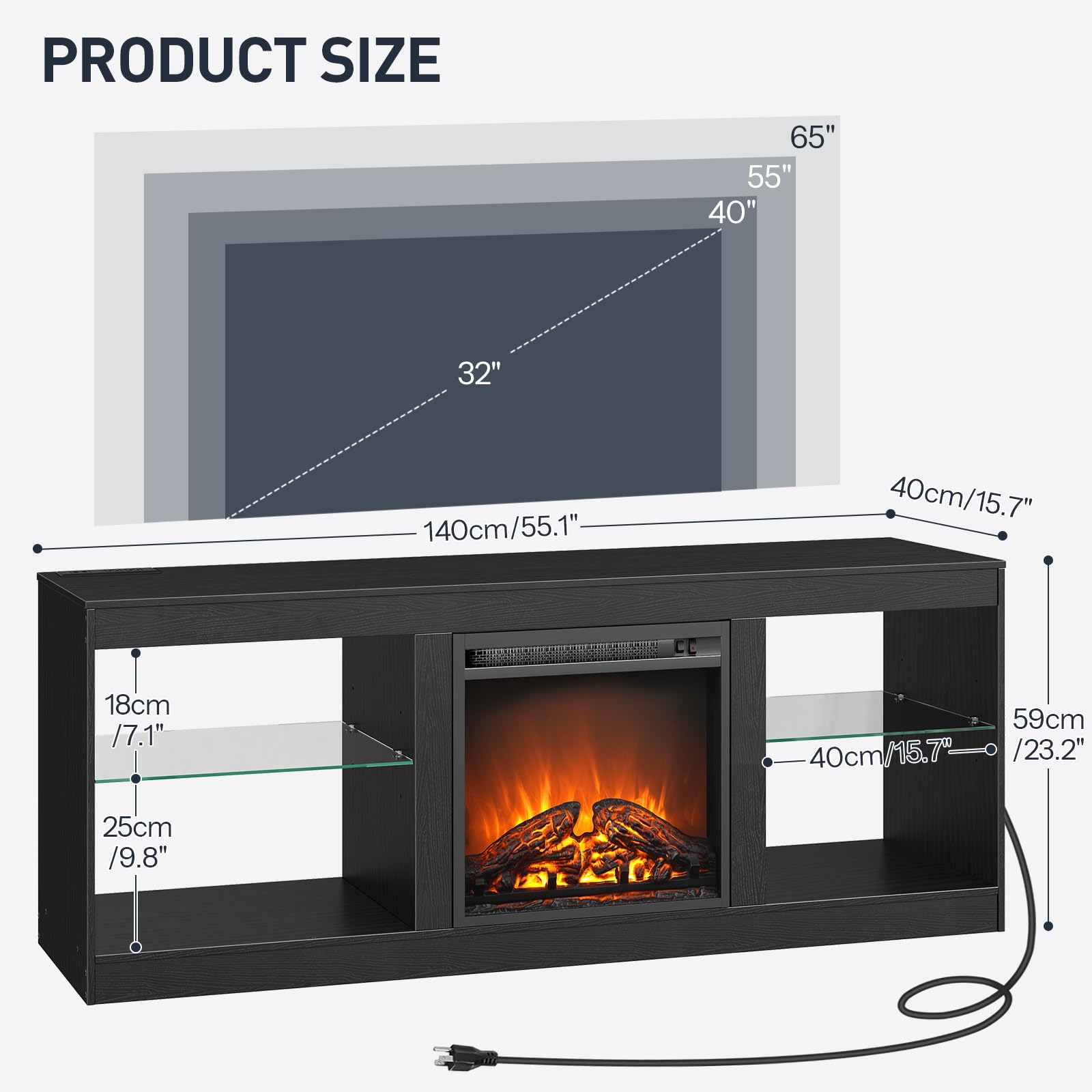 HOOBRO 65 Inch Fireplace TV Stand with LED Lights & Power Outlets, Electric Fireplace Entertainment Center with Adjustable Shelves - Modern TV Console for Living Room, Bedroom & Office (Black BK048UDDS01US) | Perfect for Home Theater Setup & Cozy Winter Nights