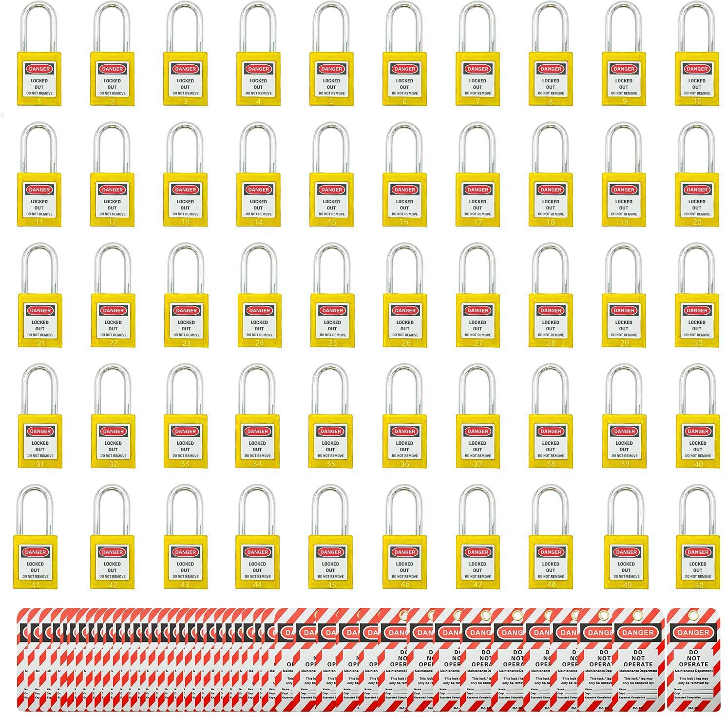 SAFBY 50 Keyed Different Lockout Tagout Locks with 50 LOTO Tags - Safety Padlocks for Industrial Equipment, Electrical Panels & Machinery Maintenance | OSHA Compliant Lockout Devices for Workplace Safety