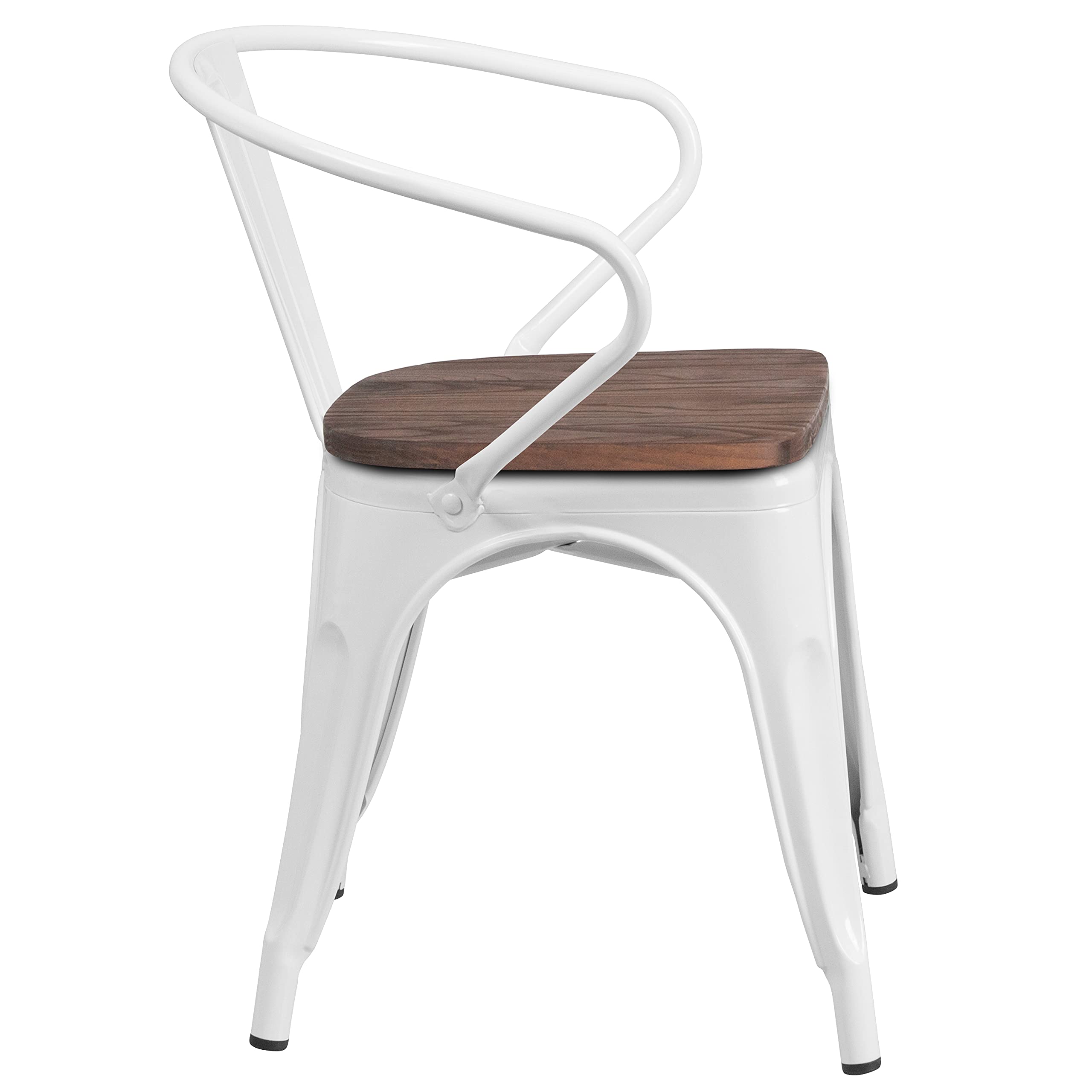 4 Pack White Metal Chairs with Wooden Seats & Arms - Durable Restaurant Furniture for Indoor & Outdoor Dining, Cafes, and Events