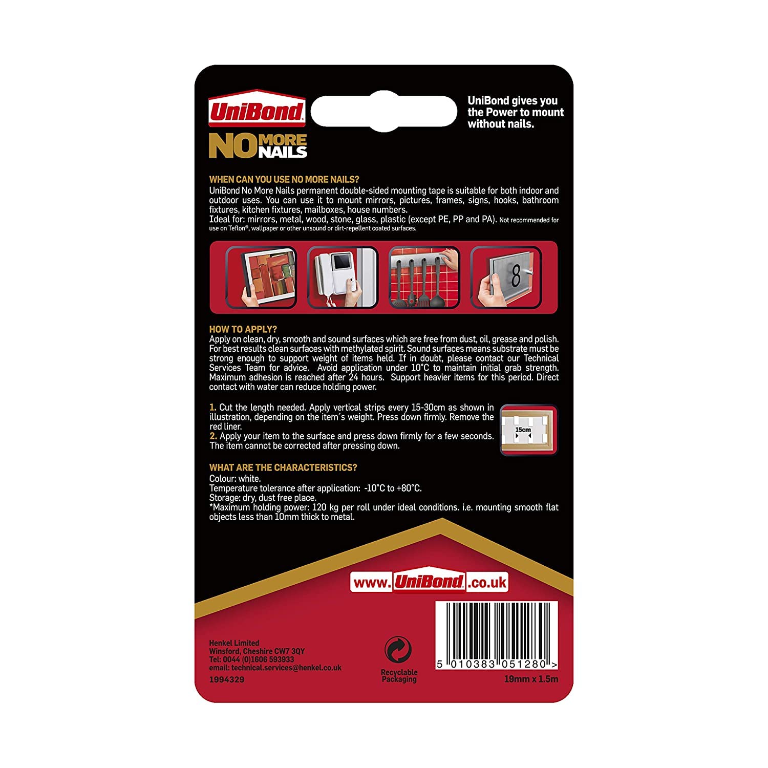 UniBond No More Nails Double-Sided Adhesive Tape - 19mm x 1.5m Strong Instant Bonding Roll for Walls, Hooks, Carpets & Home Decor | Indoor & Outdoor Multipurpose Mounting Solution