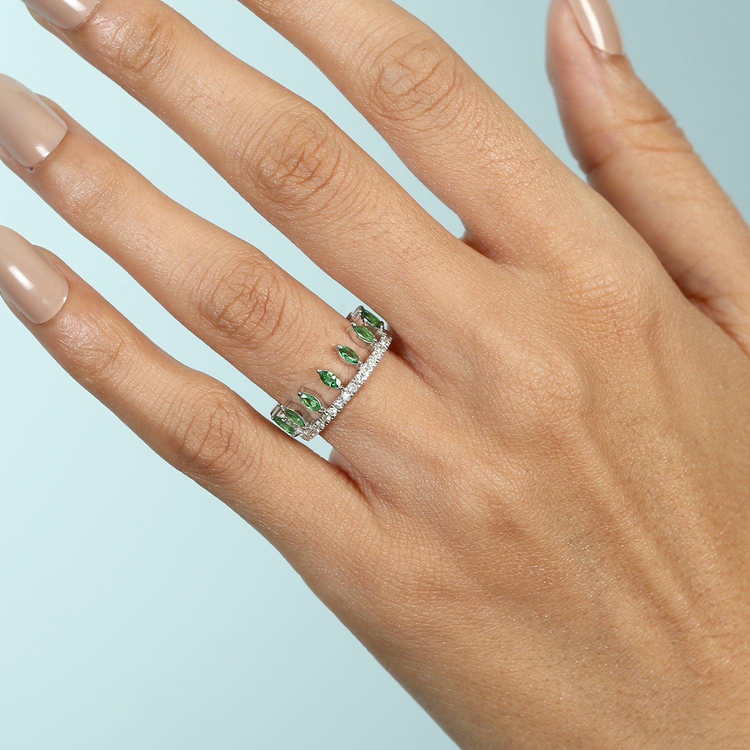 14K White Gold Marquise Cut Tsavorite Pave Diamond Tiara Band Ring - Elegant Wedding, Bridal Jewelry & Special Occasion Gift for Her