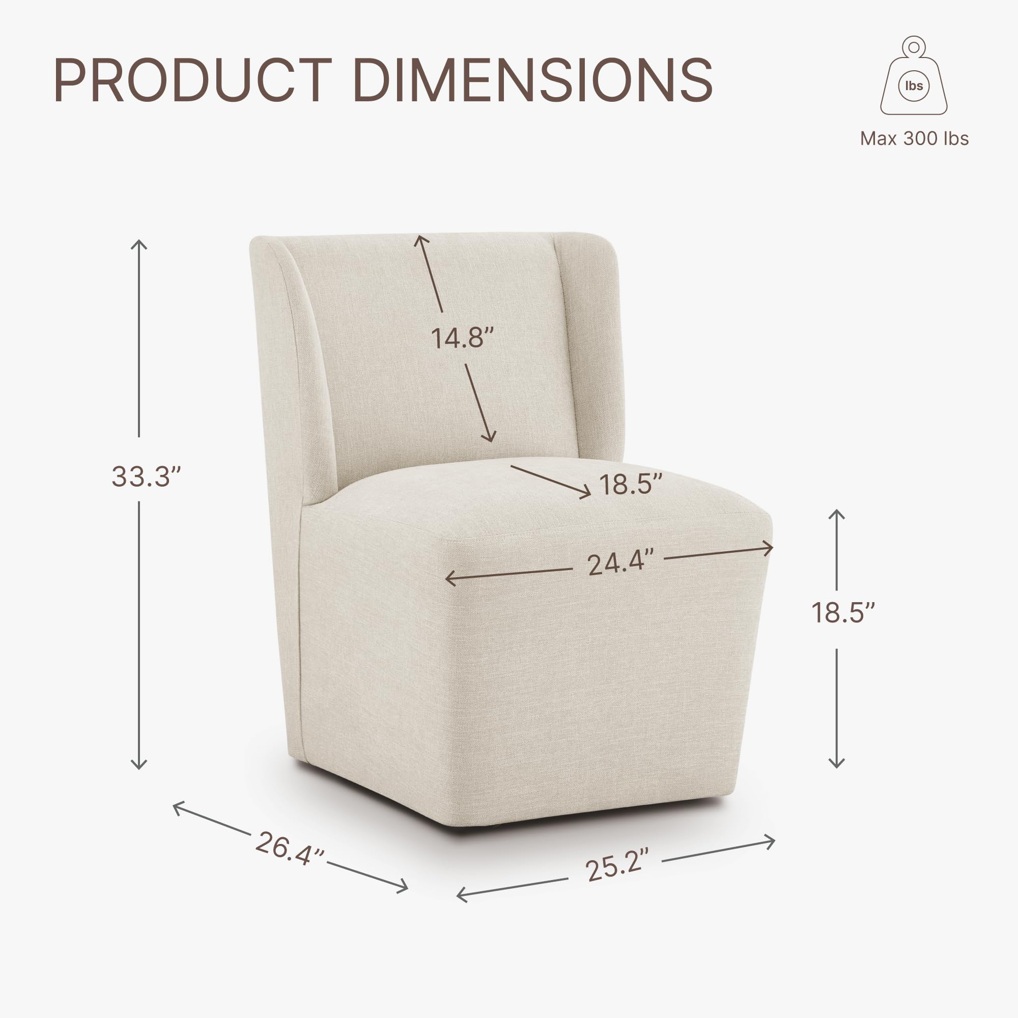 Modern Upholstered Wingback Dining Chair with Casters - Armless Rolling Desk Chair for Dining Room, Bedroom, Living Room & Home Office - Cream Beige (Set of 2) - Perfect for Comfortable Seating, Reading & Relaxing