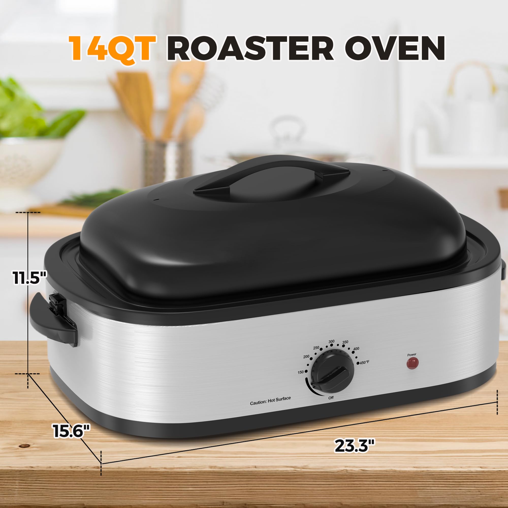 14 Quart Stainless Steel Roaster Oven with Self-Basting Lid, Turkey Defrost & Warm Function, Removable Roasting Rack, Adjustable Temperature for Slow Cooking, Perfect for Holiday Meals, Family Gatherings, and Large Batch Cooking