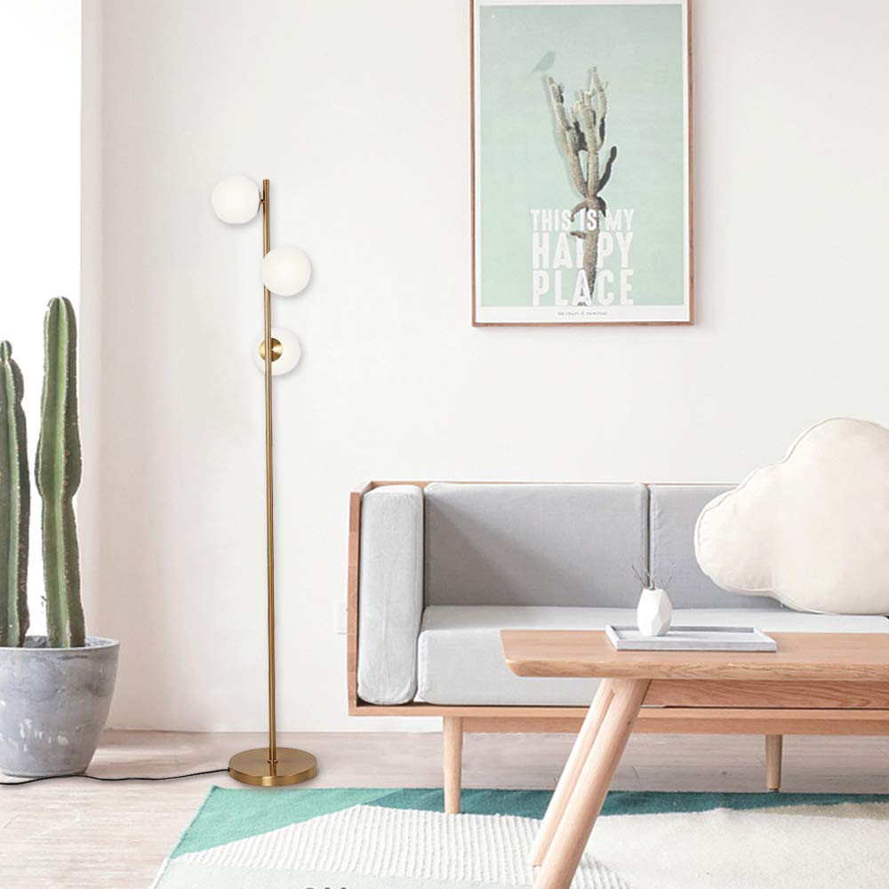 Modern 3-Globe LED Floor Lamp - Brushed Brass Standing Light for Living Room, Bedroom & Office | Bright Adjustable Lighting for Reading, Working & Relaxing
