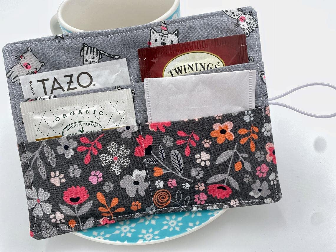 Floral Kitty Gray Tea Bag Organizer Wallet Case - Portable Storage for Tea Bags, Perfect for Travel, Office & Home Use