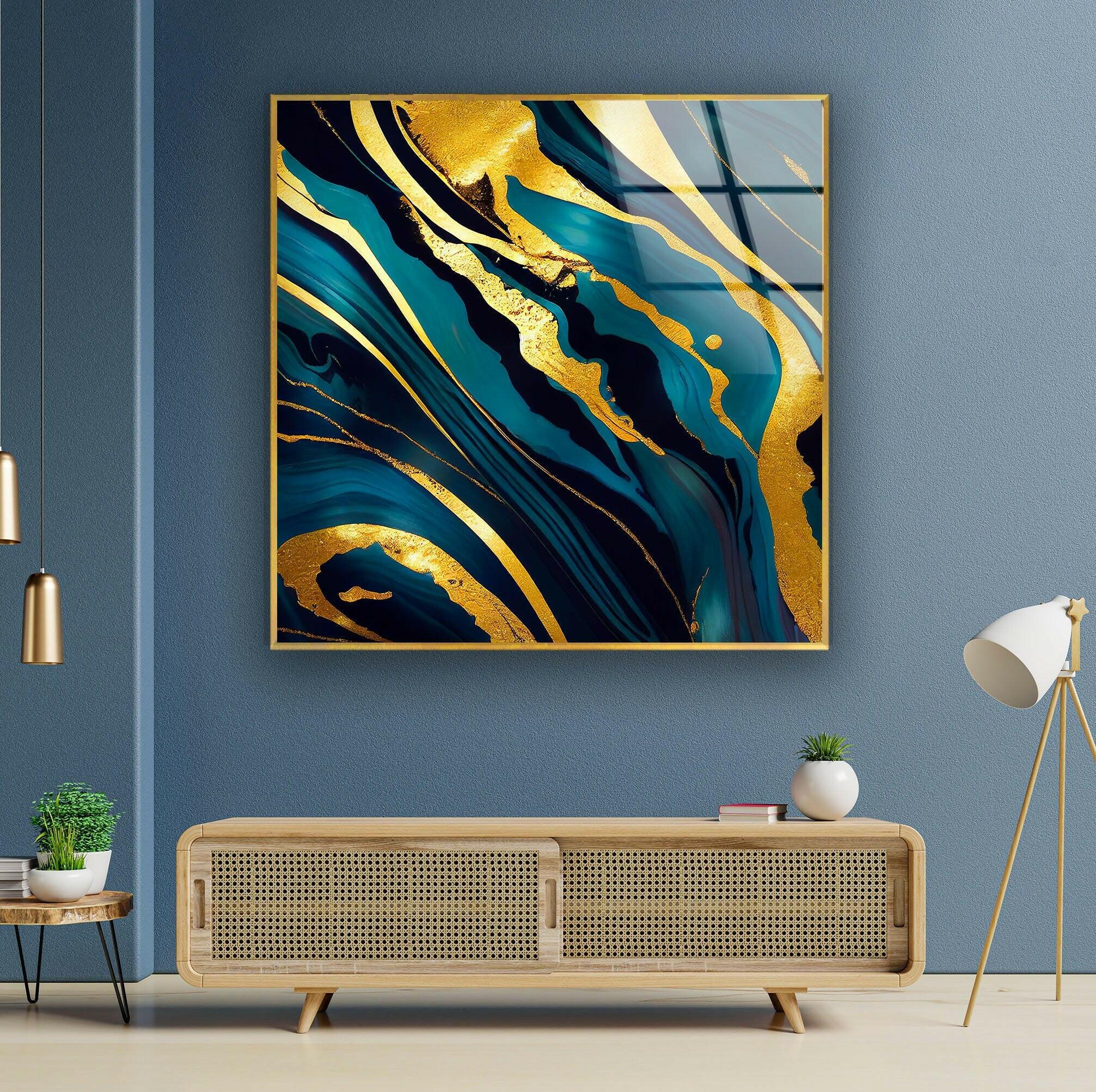 Gold Alcohol Ink Abstract Glass Wall Art - Handmade Modern Home Decor for Living Room, Bedroom & Office