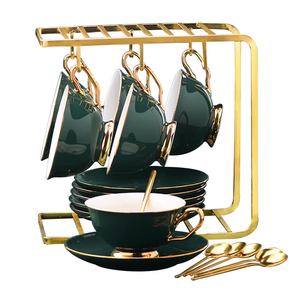Premium 6-Piece Porcelain Tea Set with Teapot, Cups & Saucers - Elegant Ceramic Tea/Coffee Gift Set for Adults - Perfect for Tea Parties, Afternoon Tea & Home Decor (Green, Style 3)