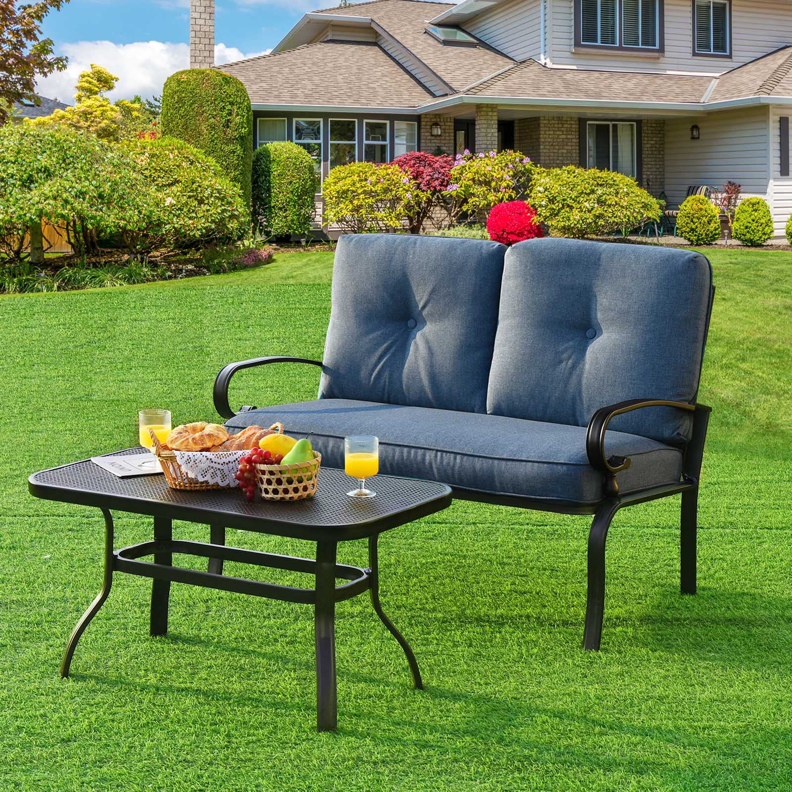 Tangkula 2-Piece Outdoor Patio Loveseat Set with Cushions & Coffee Table - Rustproof Steel Frame, Waterproof Fabric - Perfect for Garden, Poolside, Balcony & Backyard Relaxation (Blue)