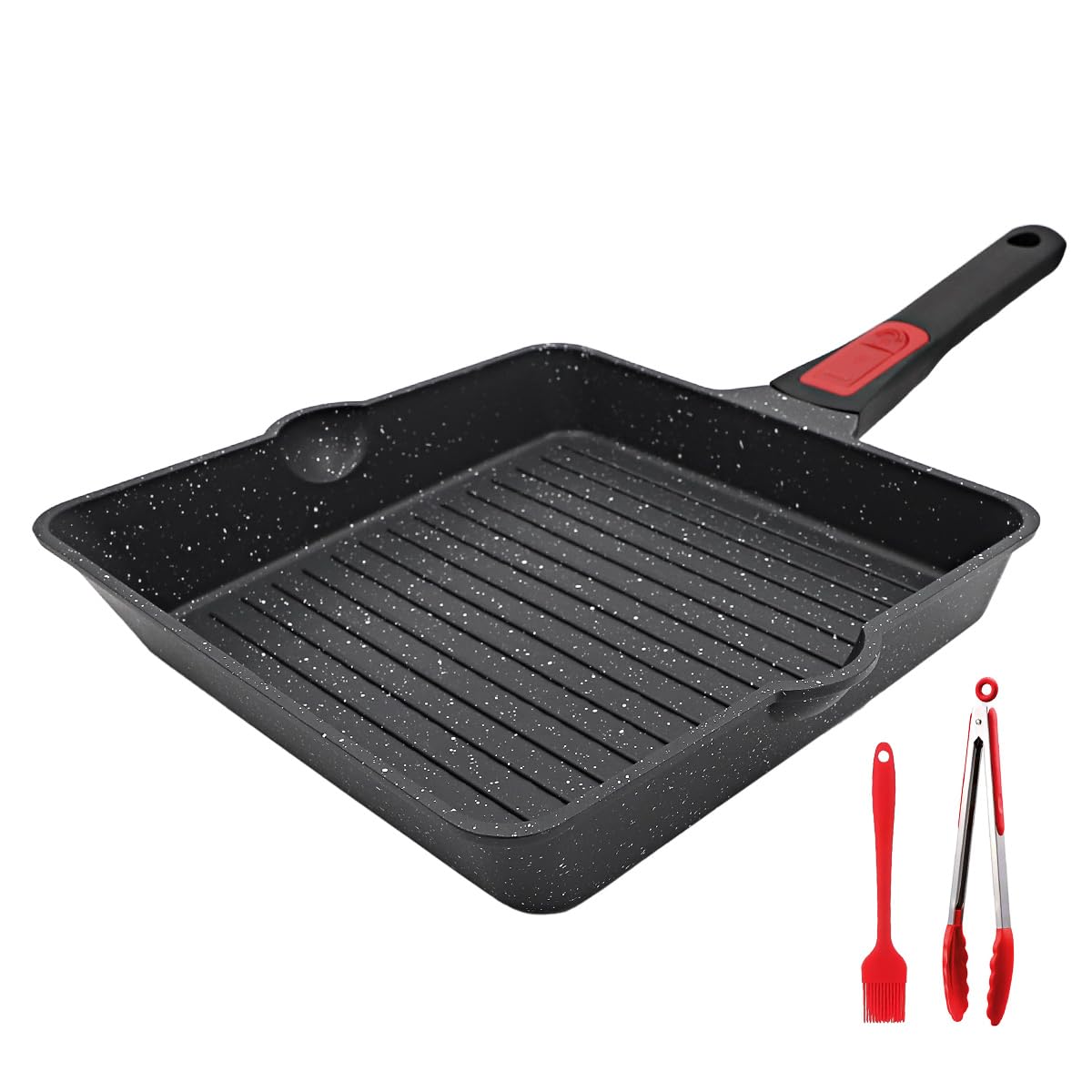Nonstick Square Grill Pan 9.5 Inch - Cast Aluminum Steak Pan with Removable Handle, Oven & Dishwasher Safe, Double Pour Spouts, Black - Perfect for Grilling Steaks, Burgers, and Vegetables Indoor or Outdoor