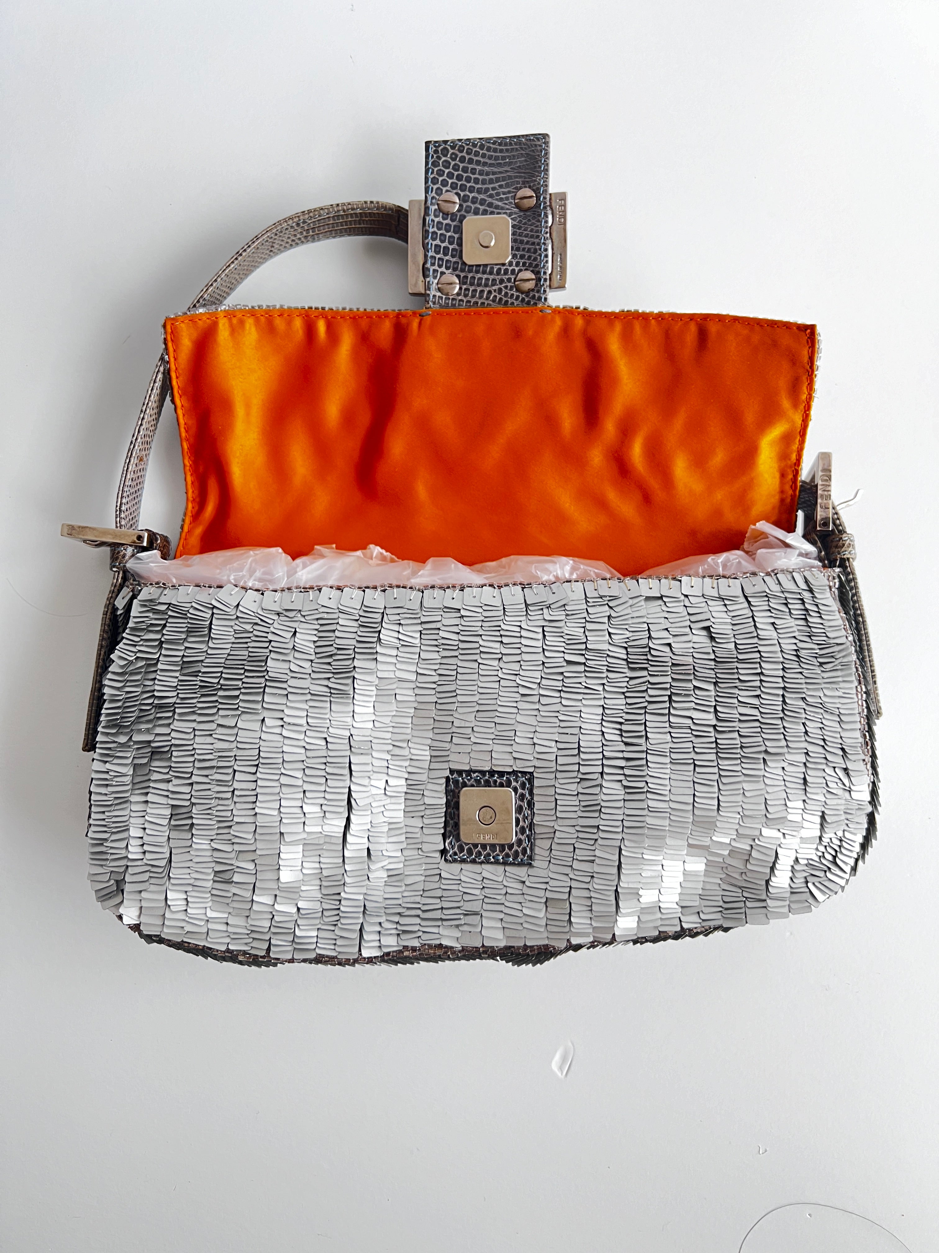 Fendi Silver Sequin with Orange Beaded Strip Baguette Bag - Elegant Evening Clutch for Parties, Weddings & Special Occasions