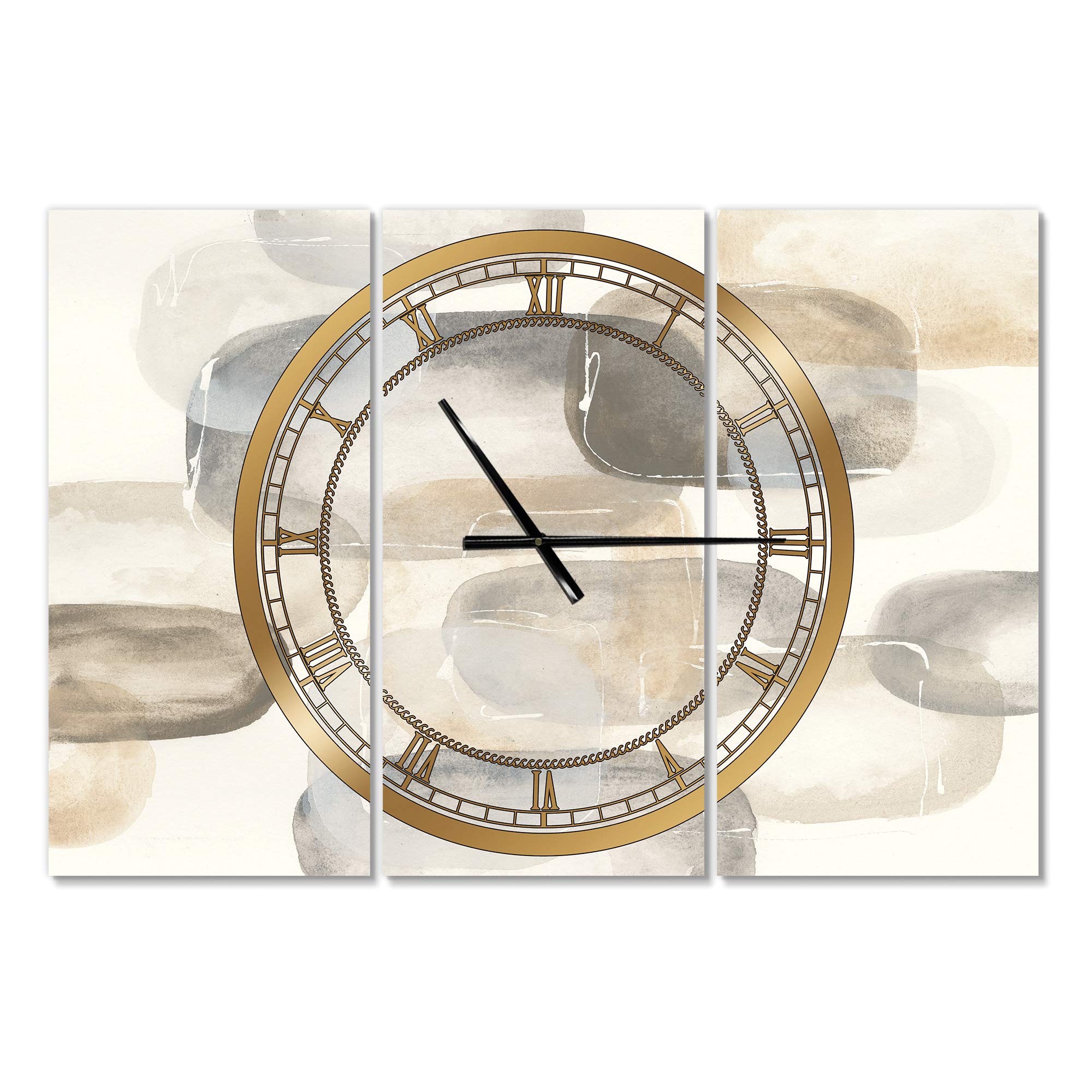 Designart Neutral Oval Grey Stones II Modern 3-Panel Wall Art Clock - Metal Wall Decor for Living Room, Bedroom, Office | Elegant Home Decoration & Stylish Interior Design Accent
